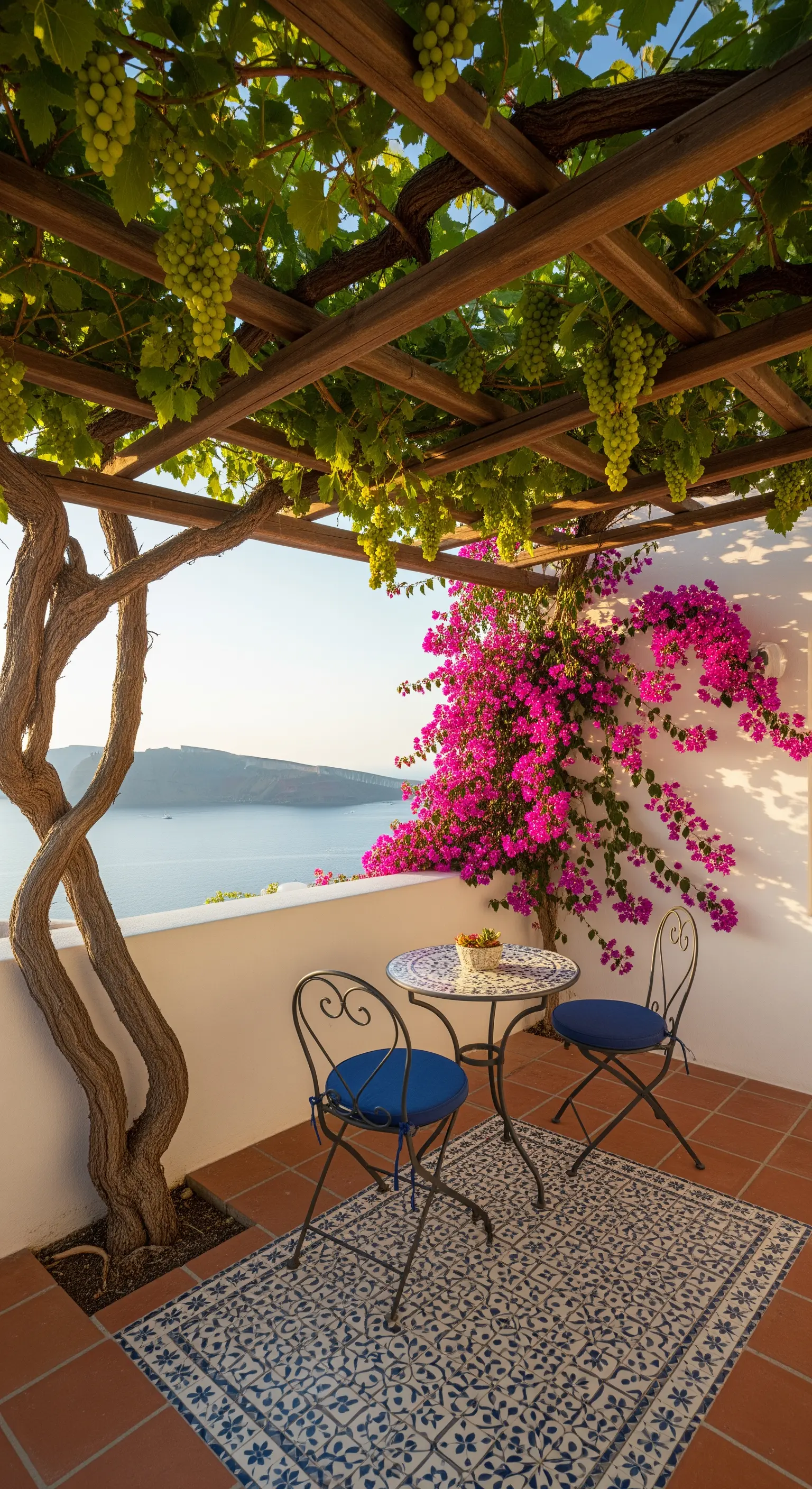 Terrazza con pergola di vite, tavolo a mosaico e bouganville fucsia vista mare.
