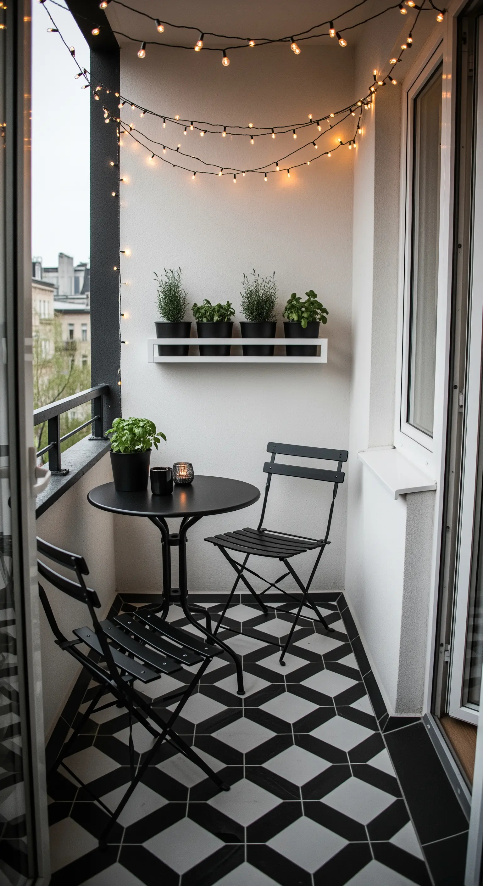 Balcone con pavimento a rombi, tavolo e sedie neri e filo di luci.