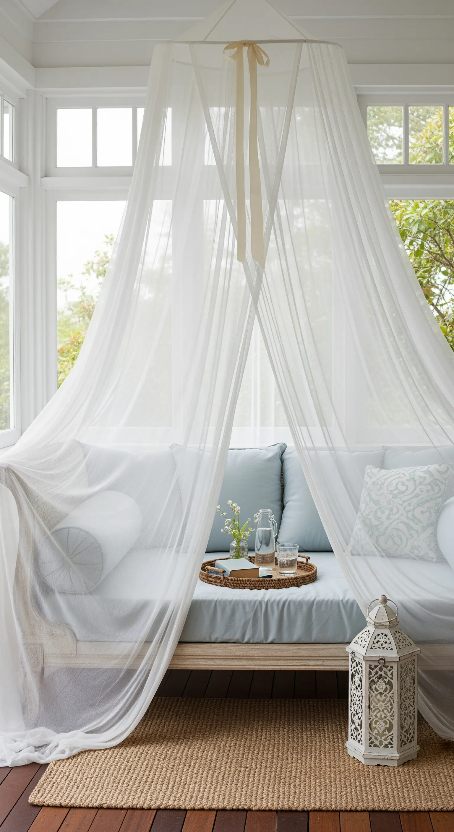 Daybed con cuscini azzurri sotto un baldacchino di tessuto bianco trasparente.