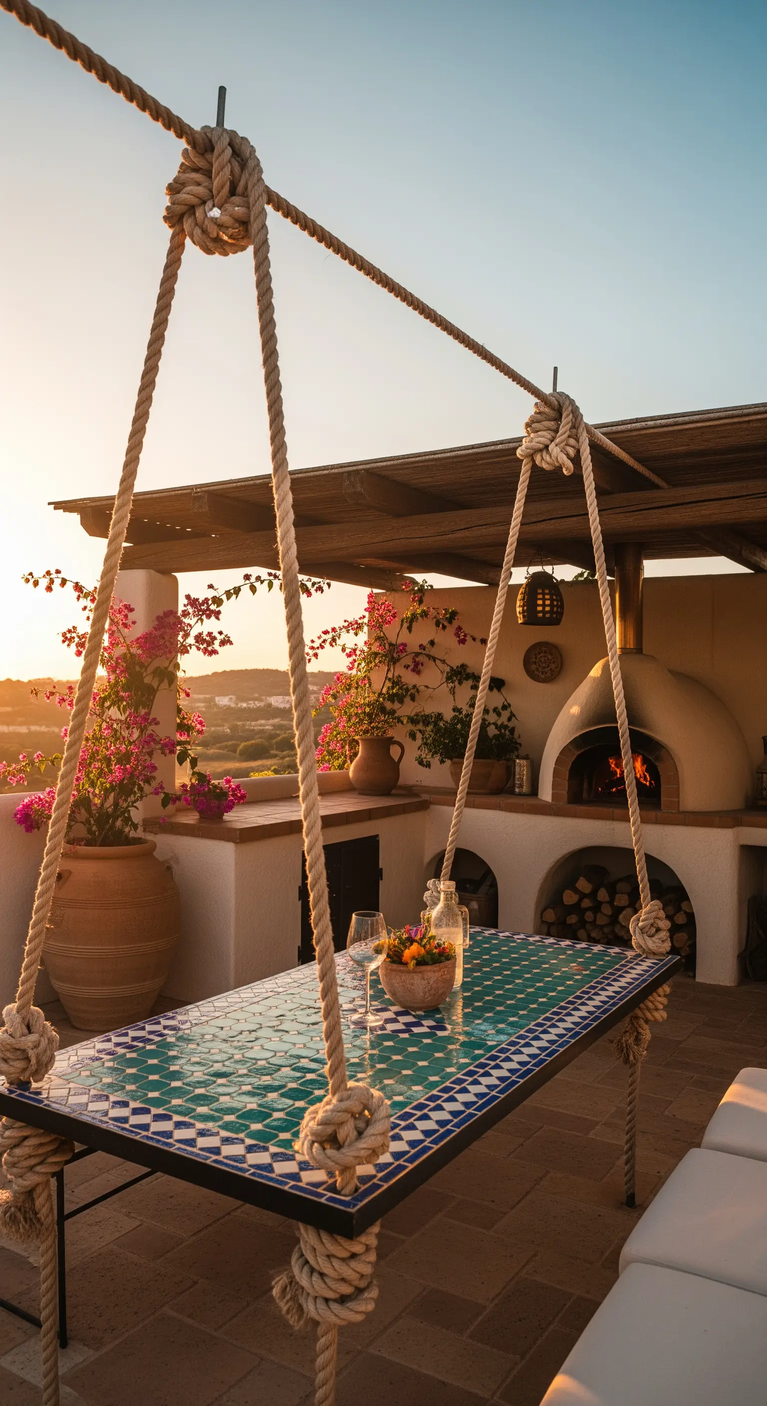 Tavolo sospeso con piano in mosaico su una terrazza mediterranea con forno a legna.