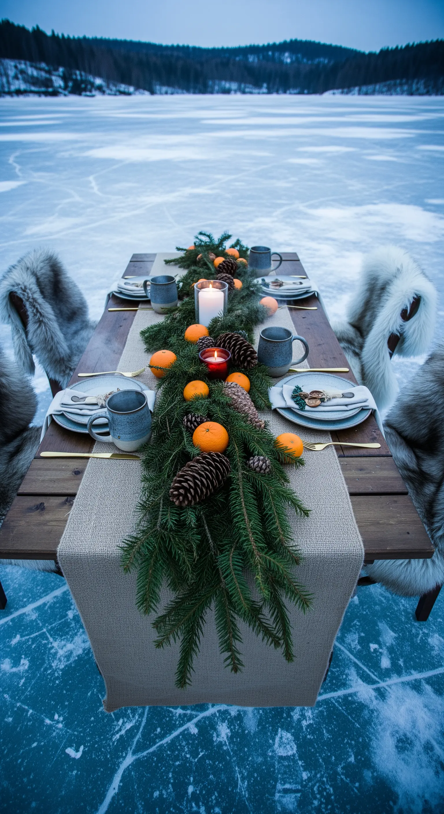 Tavola natalizia apparecchiata su un lago ghiacciato, con sedie coperte di pelliccia