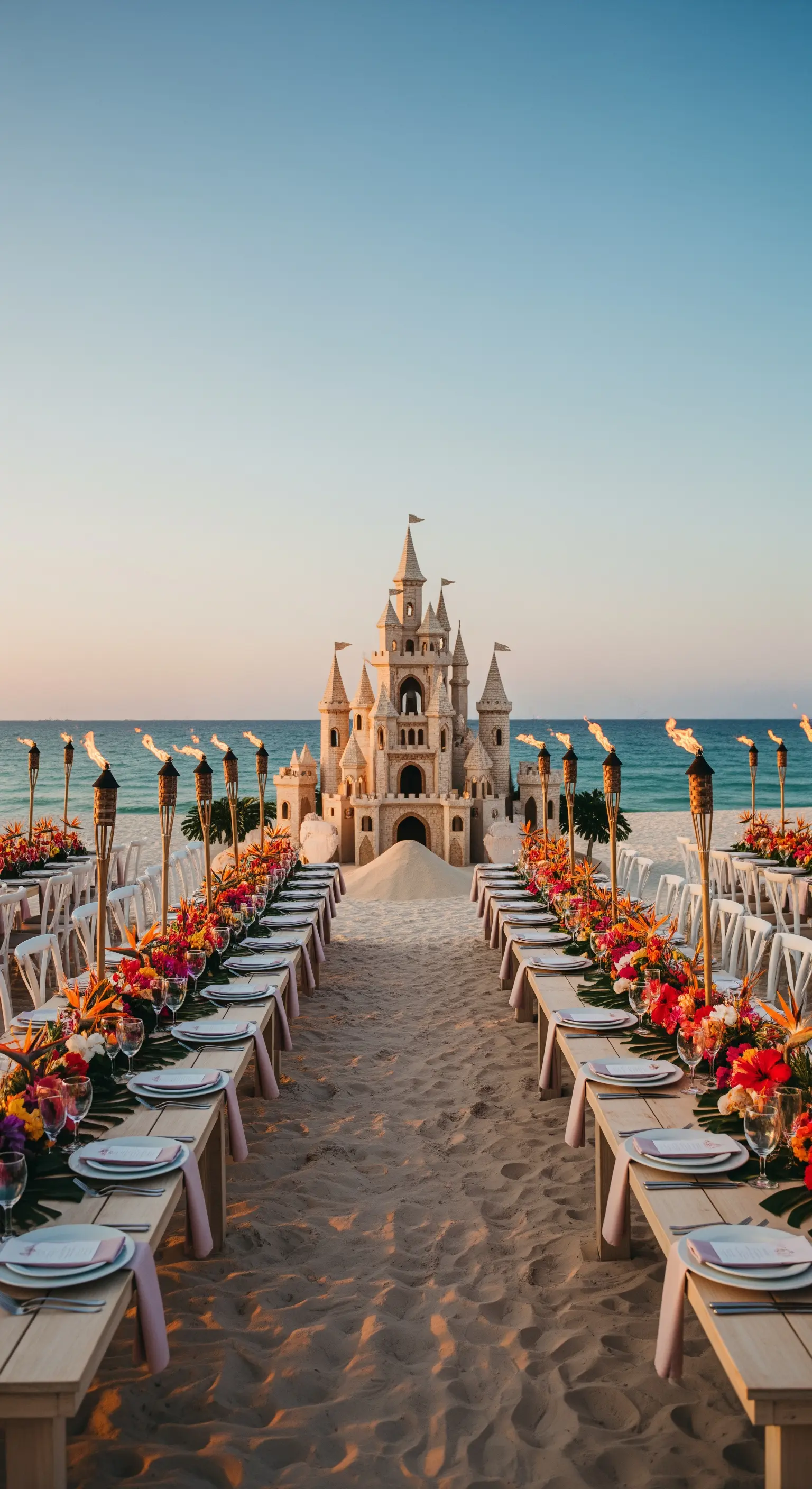 Lunga tavolata sulla spiaggia con un grande castello di sabbia e decorazioni tropicali.