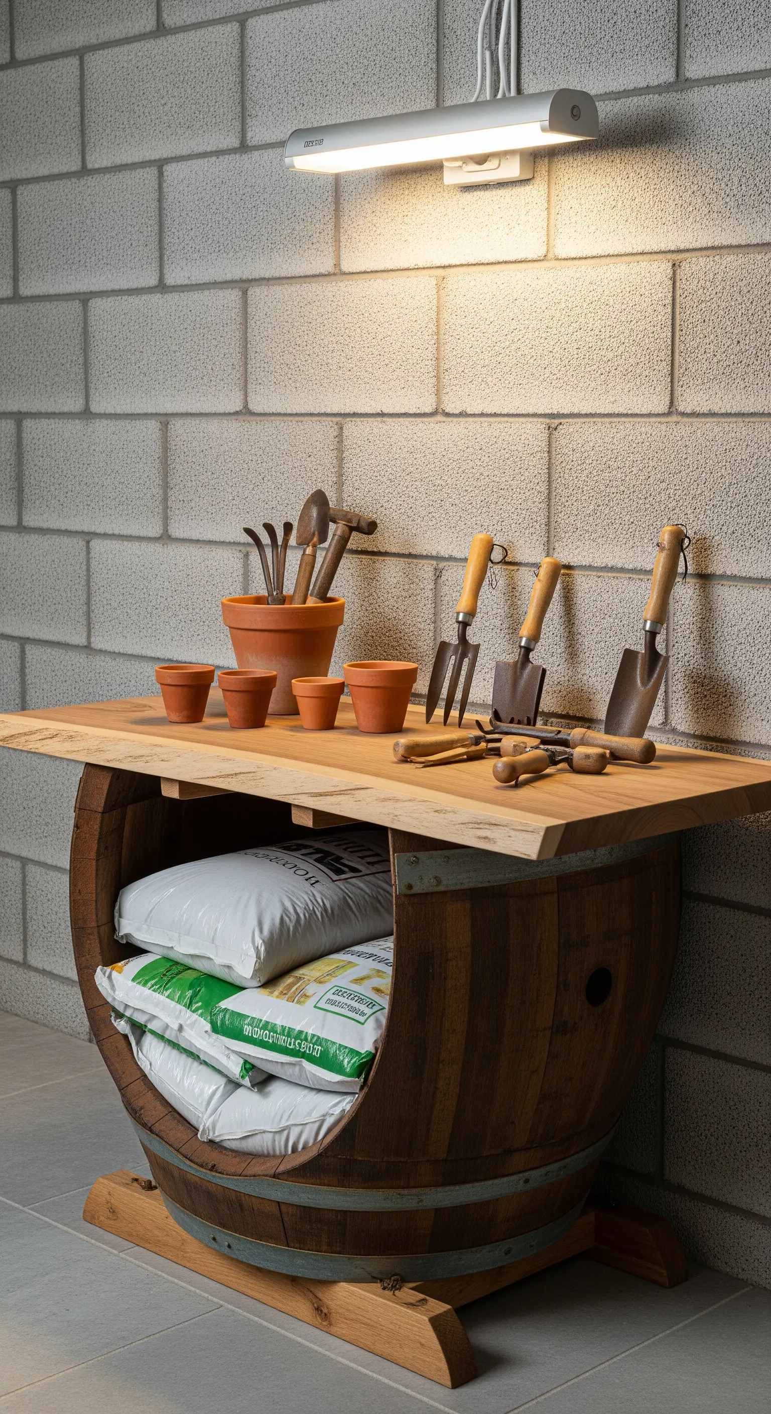 Botte coricata con un piano in legno, usata come banco da lavoro e contenitore per il giardinaggio.