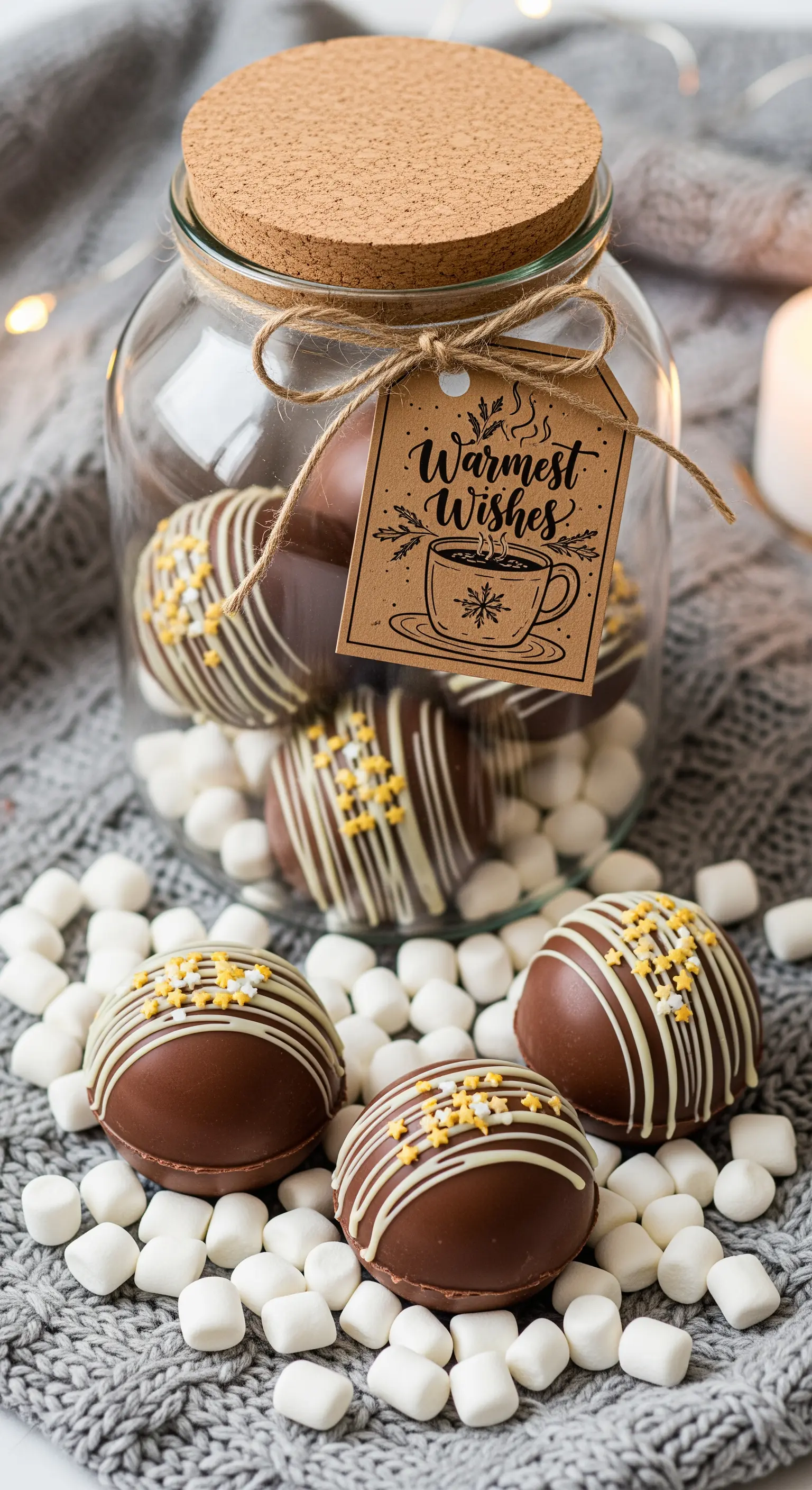 Bombe di cioccolata calda in un barattolo di vetro con marshmallow e un'etichetta a tema.