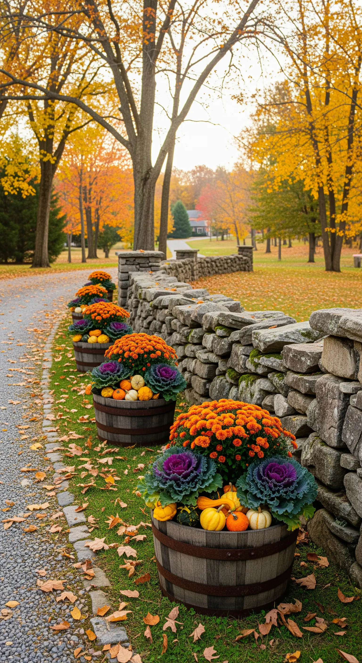 Botti di legno lungo un muretto in pietra con composizioni autunnali di crisantemi e zucche