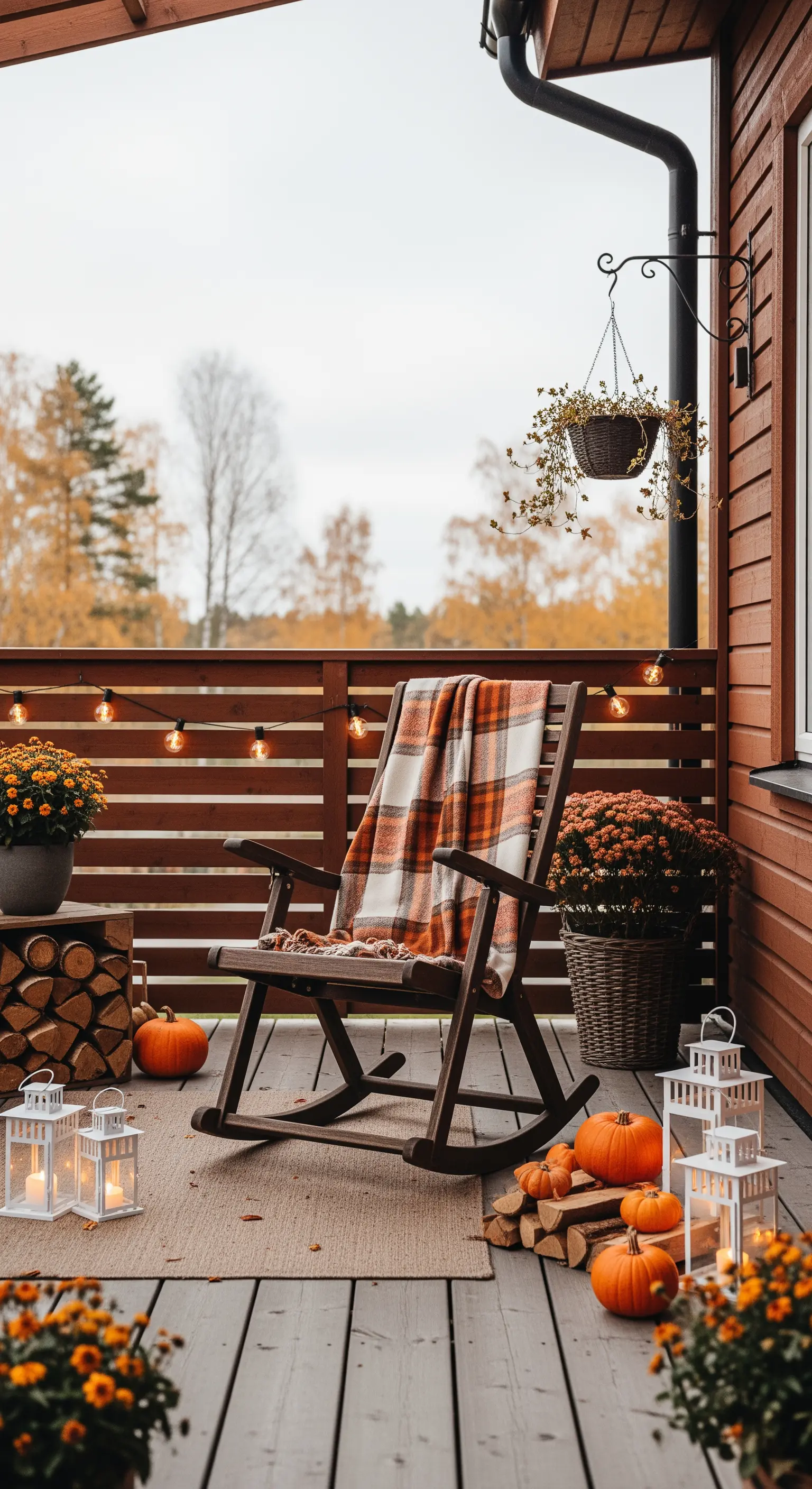 Portico autunnale con sedia a dondolo, plaid a quadri, zucche, fiori e lanterne bianche.