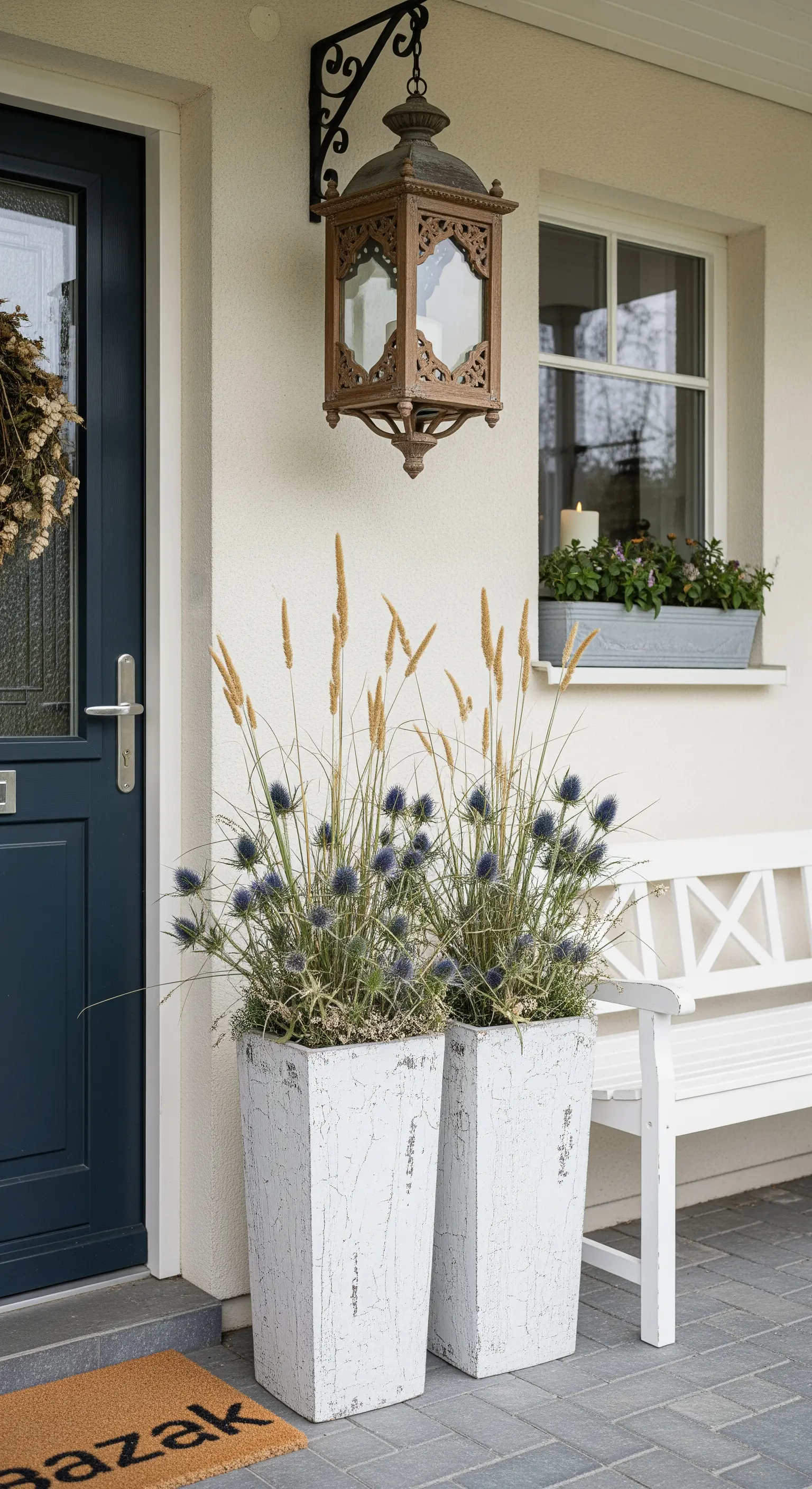 Ingresso con fioriere bianche decapate, cardi blu e una lanterna a sospensione antica.