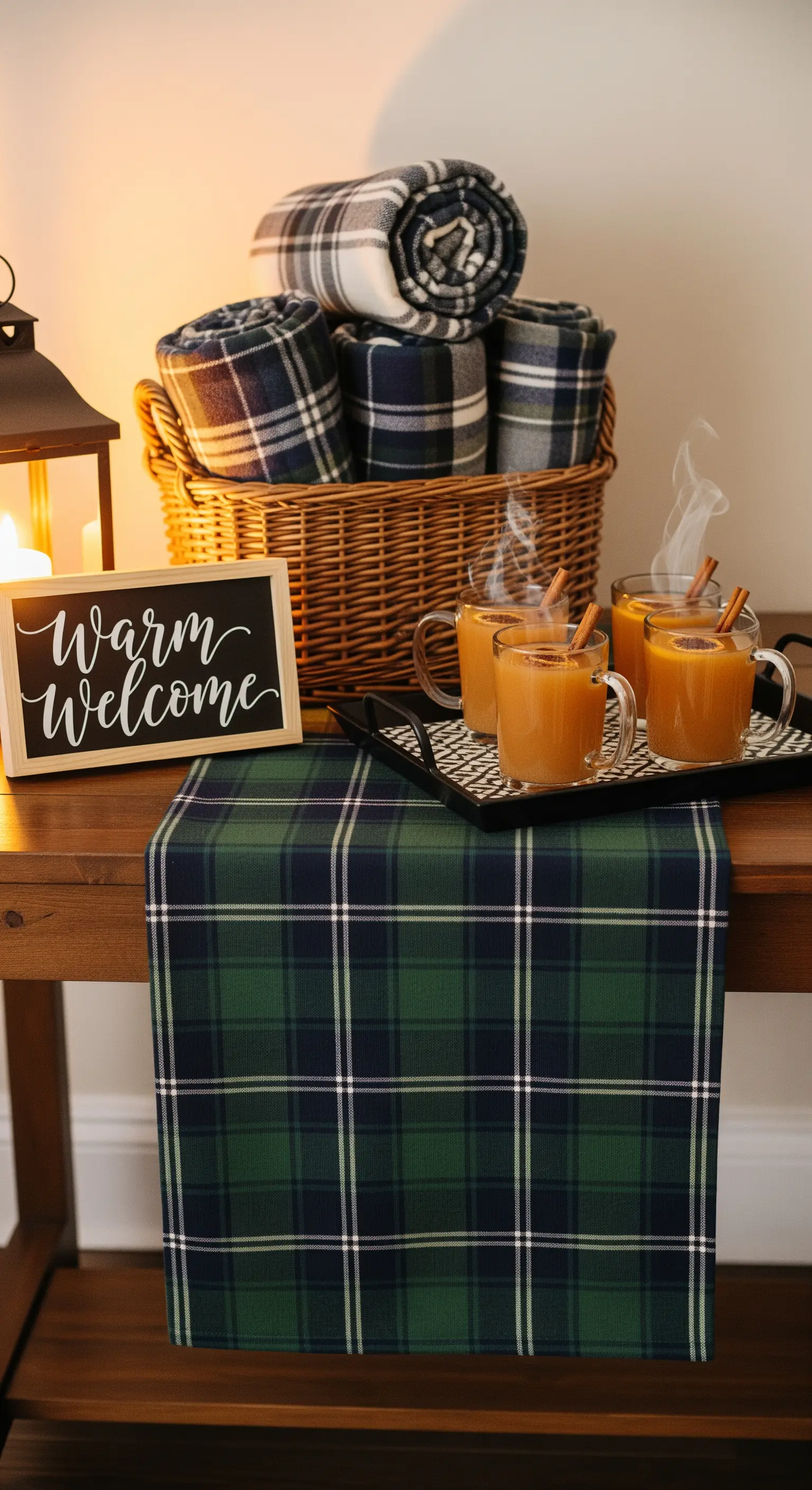 Stazione di benvenuto con coperte di pile scozzese, sidro caldo e una lavagnetta.