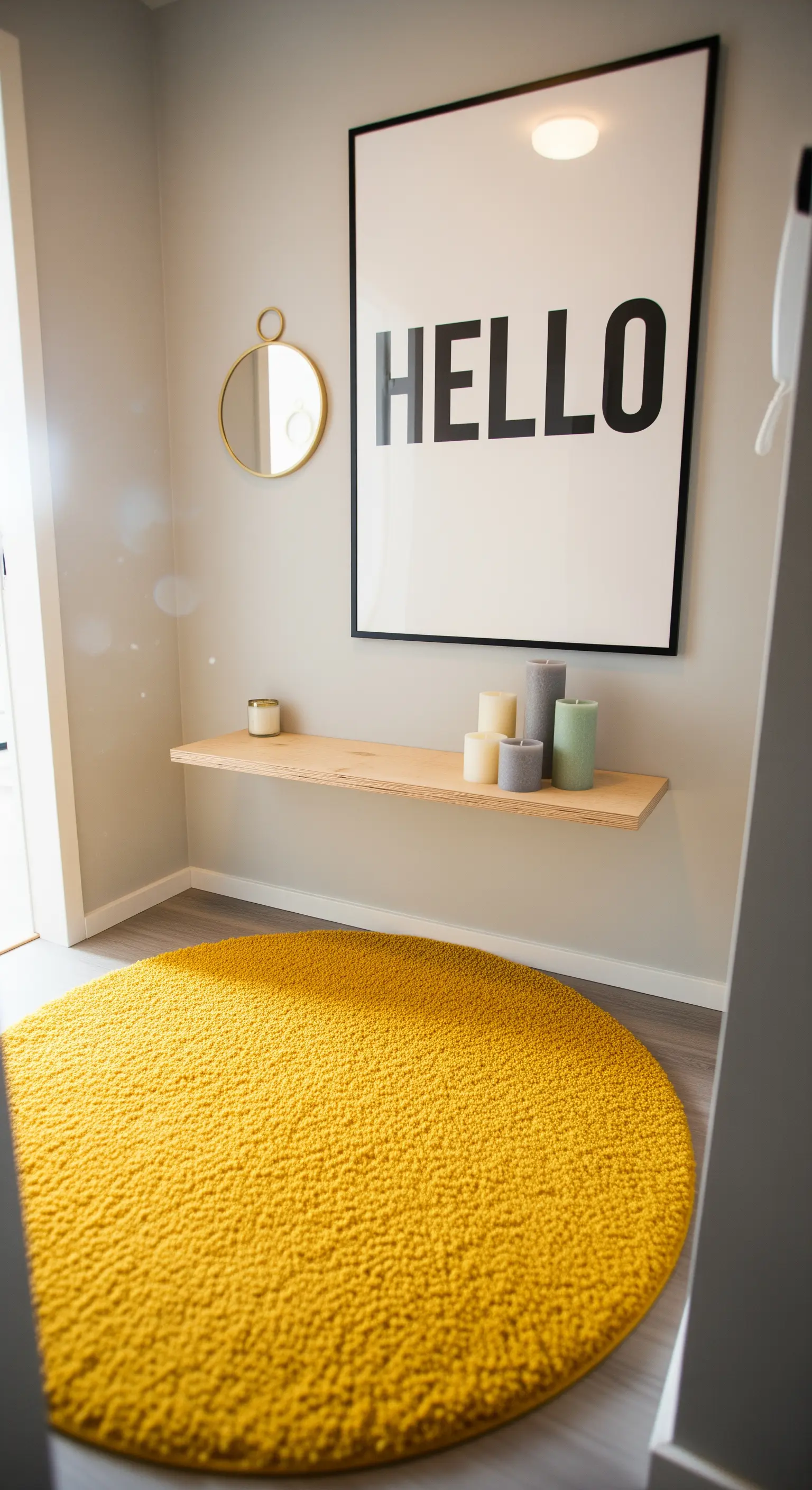 Ingresso minimalista con un poster con la scritta HELLO e un tappeto rotondo giallo.