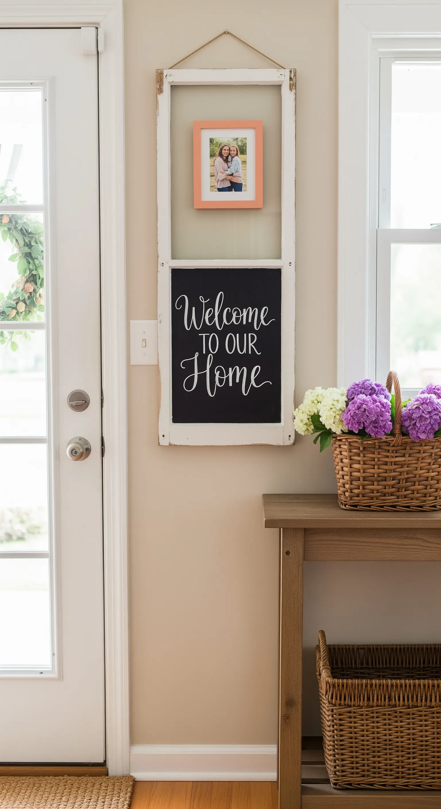 Finestra a ghigliottina bianca appesa all'ingresso, con una lavagna di benvenuto e una foto di famiglia.