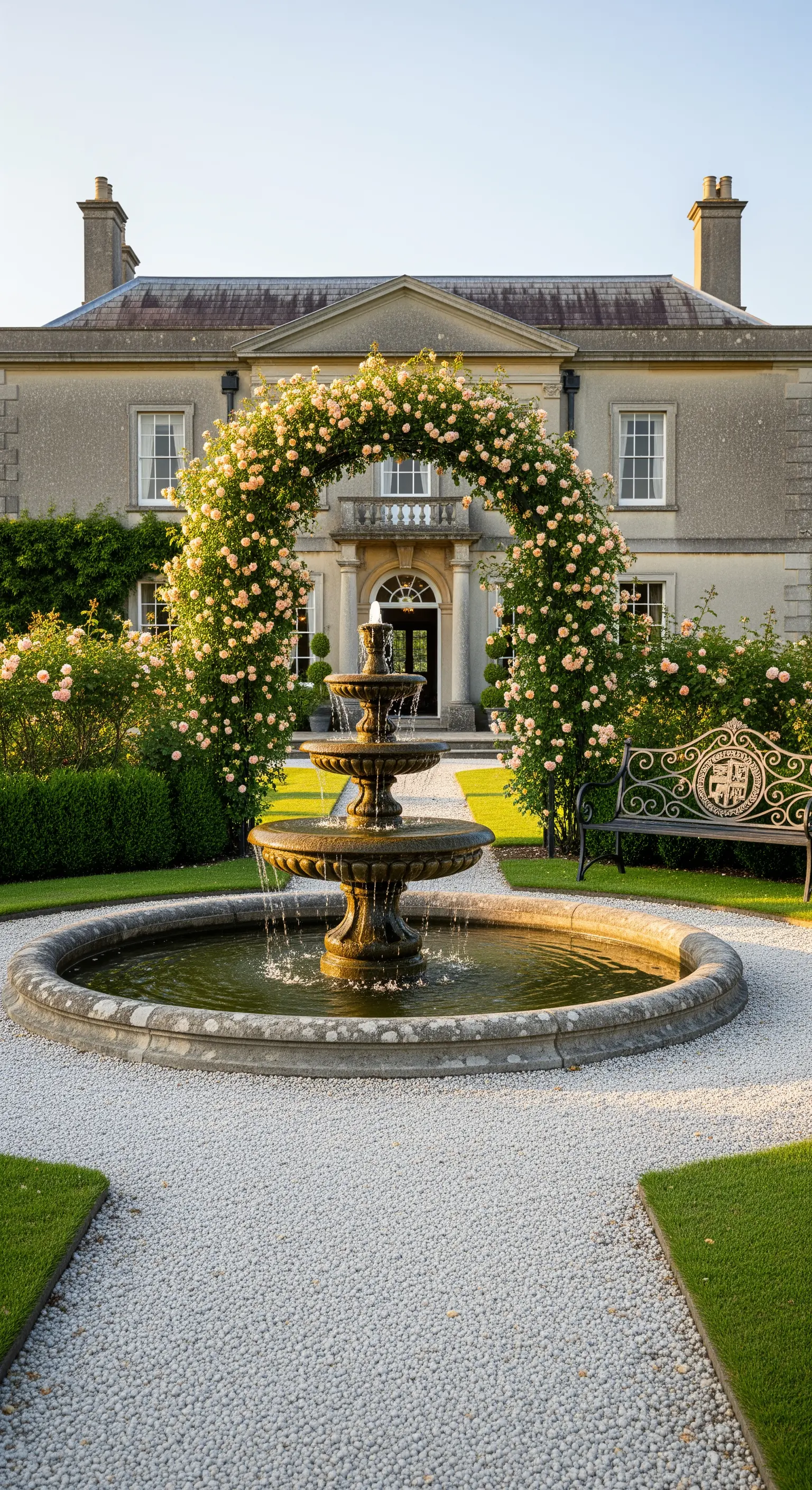 Giardino di una villa signorile con fontana centrale e un grande arco di rose color pesca.