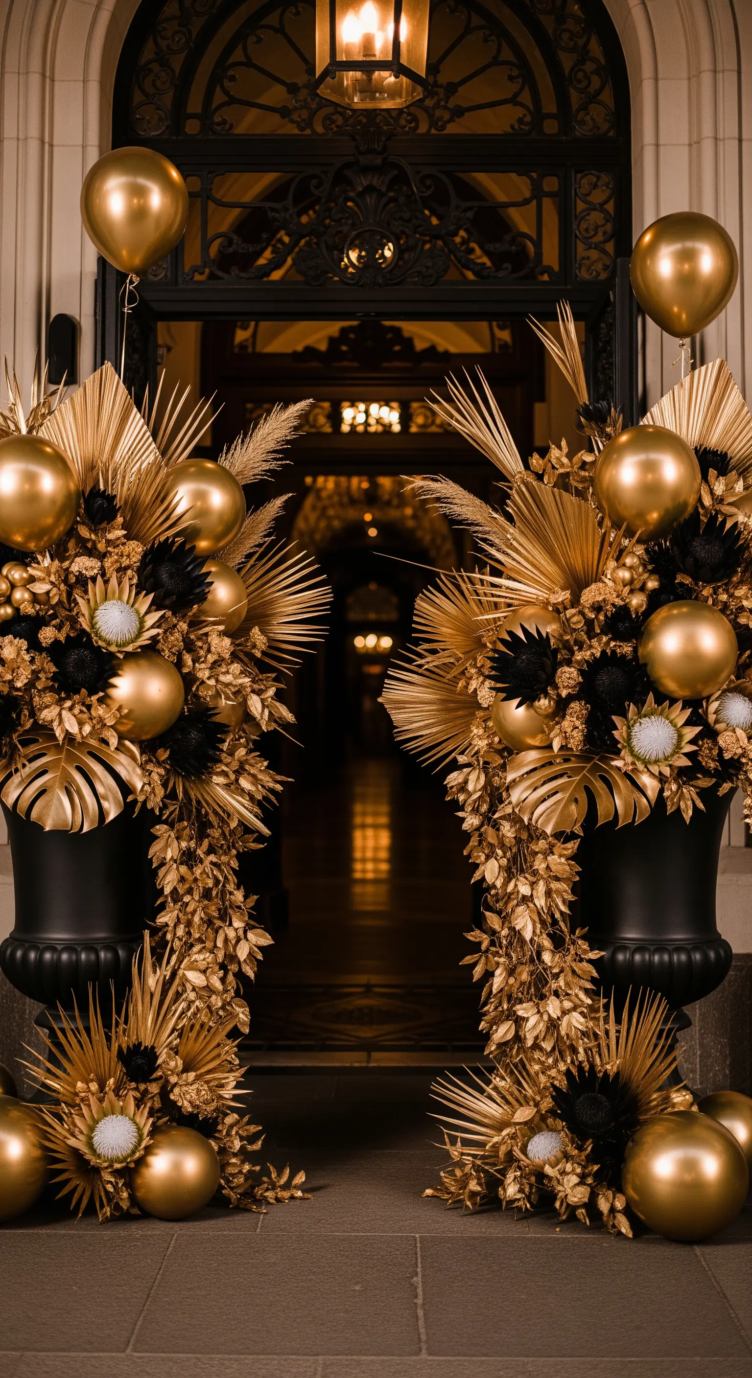 Ingresso decorato con grandi vasi neri pieni di fiori e foglie dorate e palloncini.