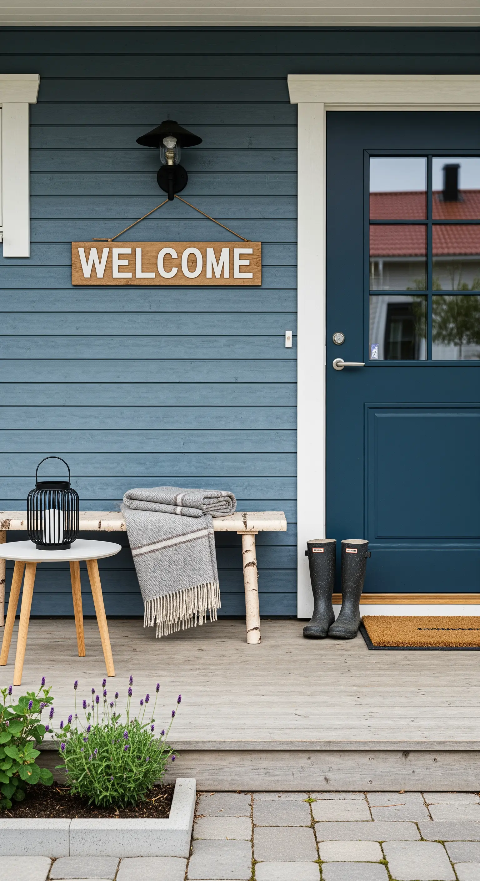 Ingresso di una casa blu con panca in betulla, plaid grigio e piccola lanterna nera