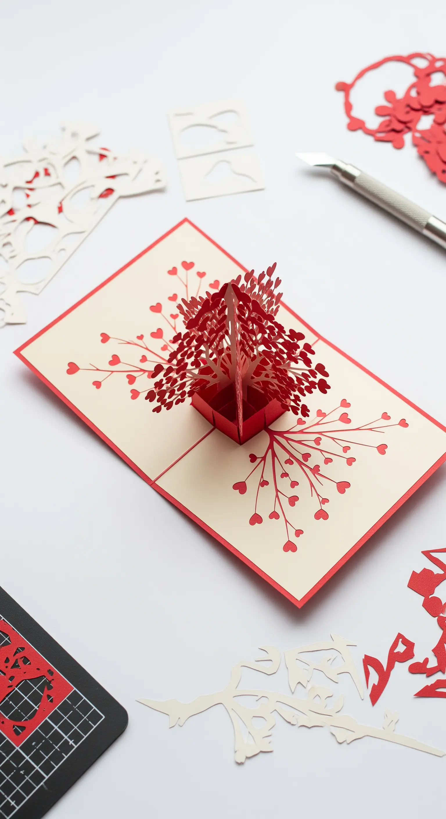Biglietto pop-up aperto che rivela un albero tridimensionale fatto di cuori rossi.