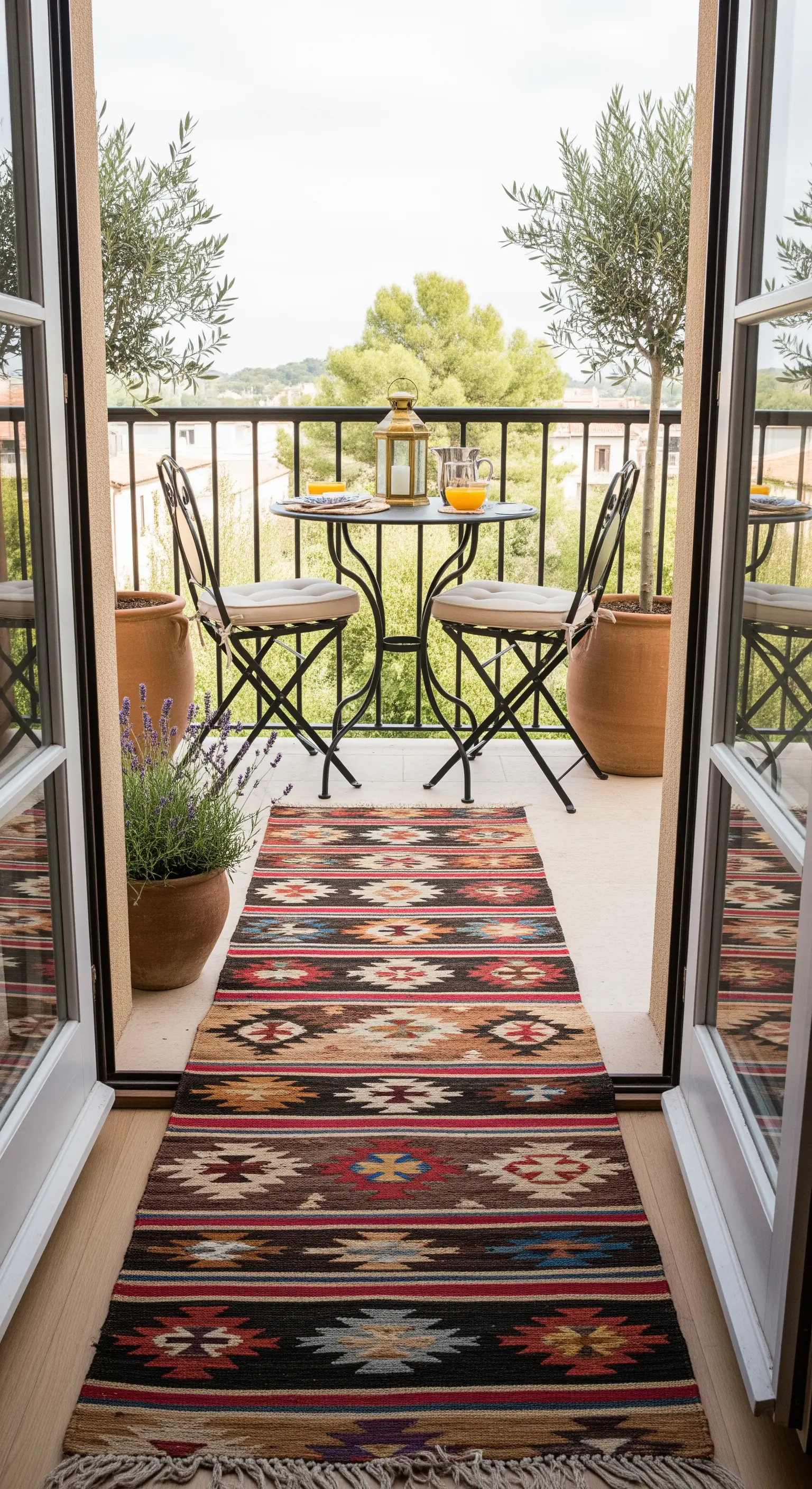 Piccolo balcone con set da bistrot, runner kilim e vasi in terracotta con ulivi.