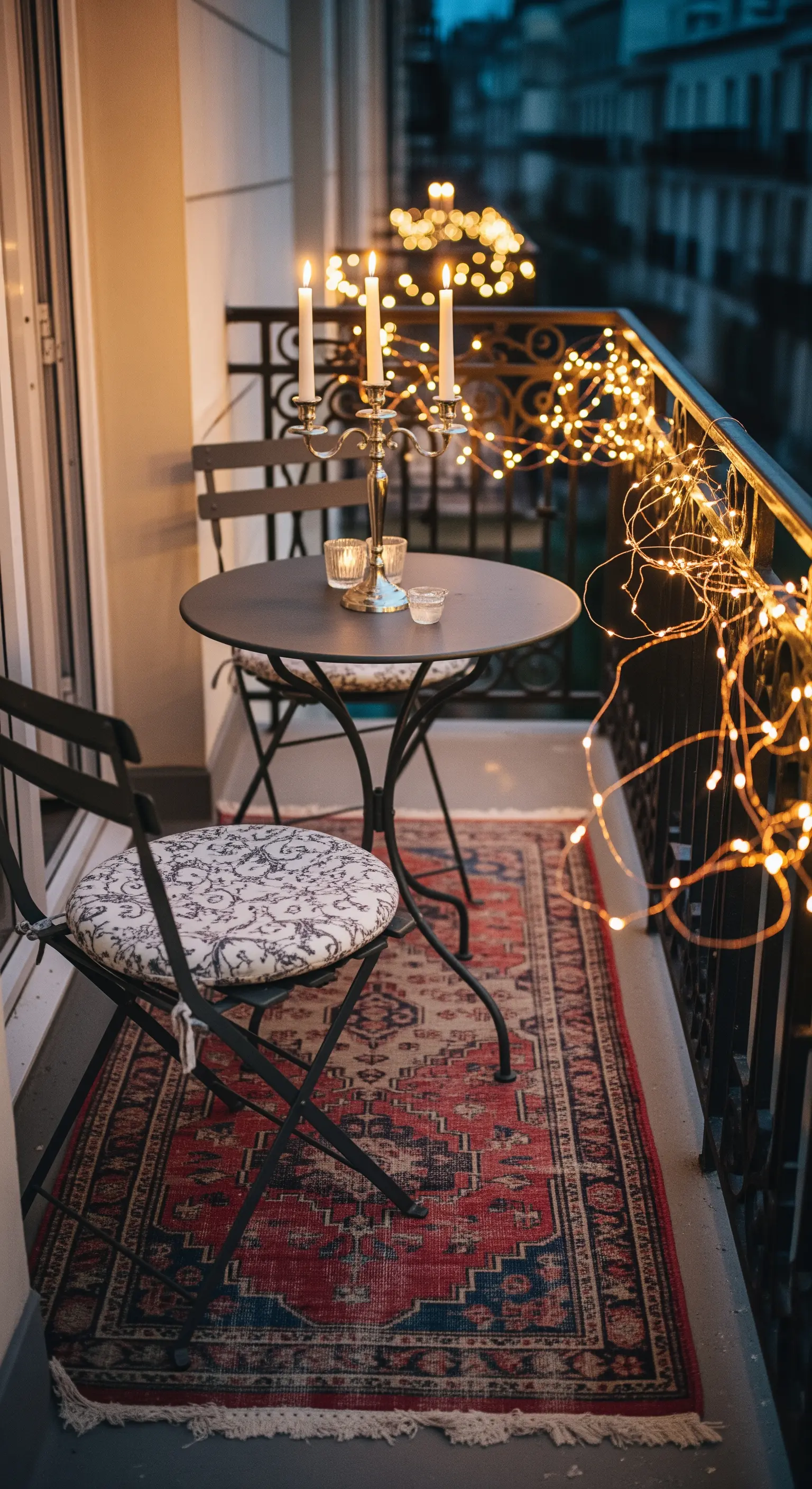 Balconcino con set bistrot, tappeto persiano, e lucine sulla ringhiera in ferro battuto.