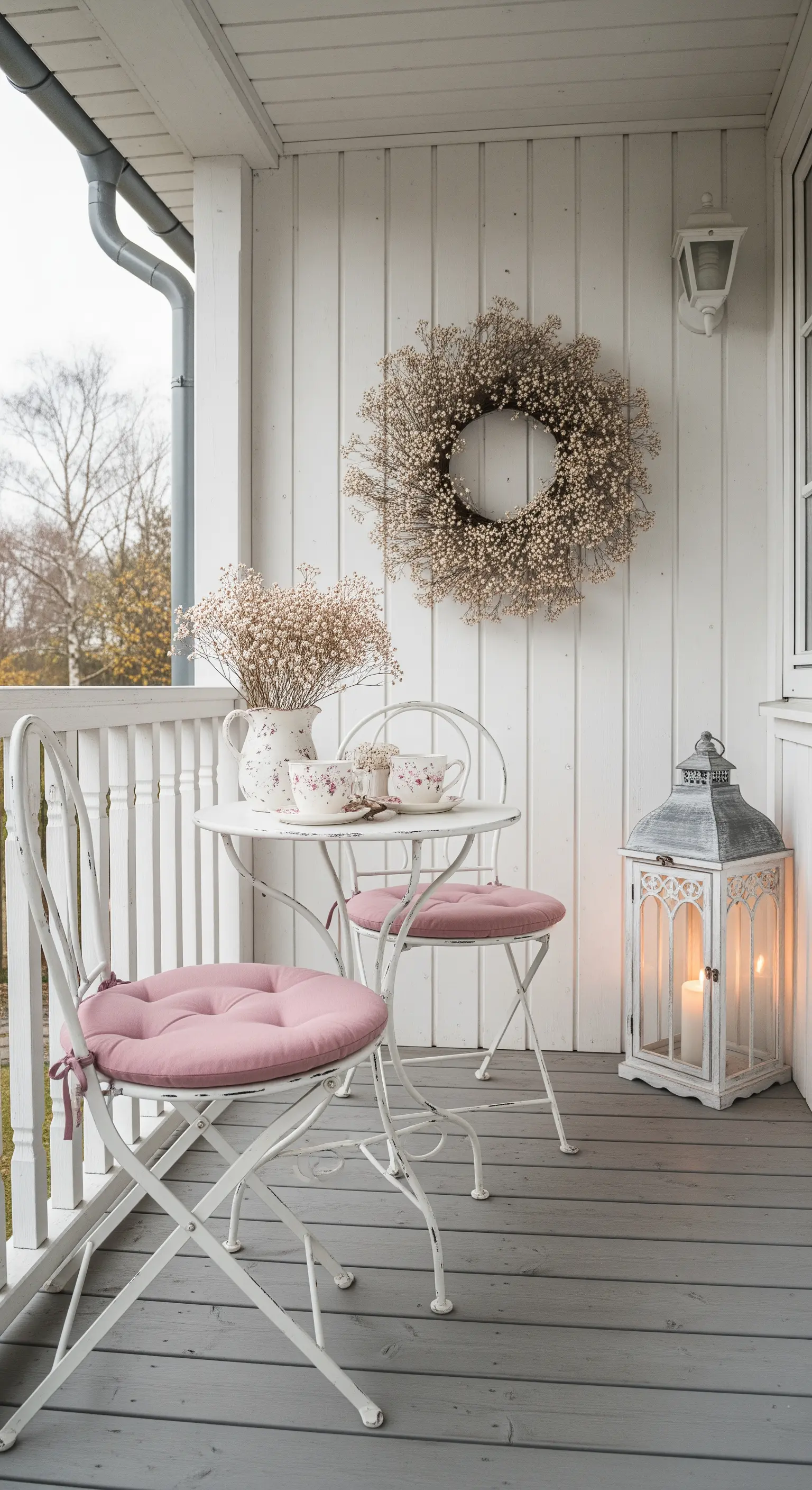Angolo caffè in veranda con tavolino e sedie in ferro battuto bianco e cuscini rosa.