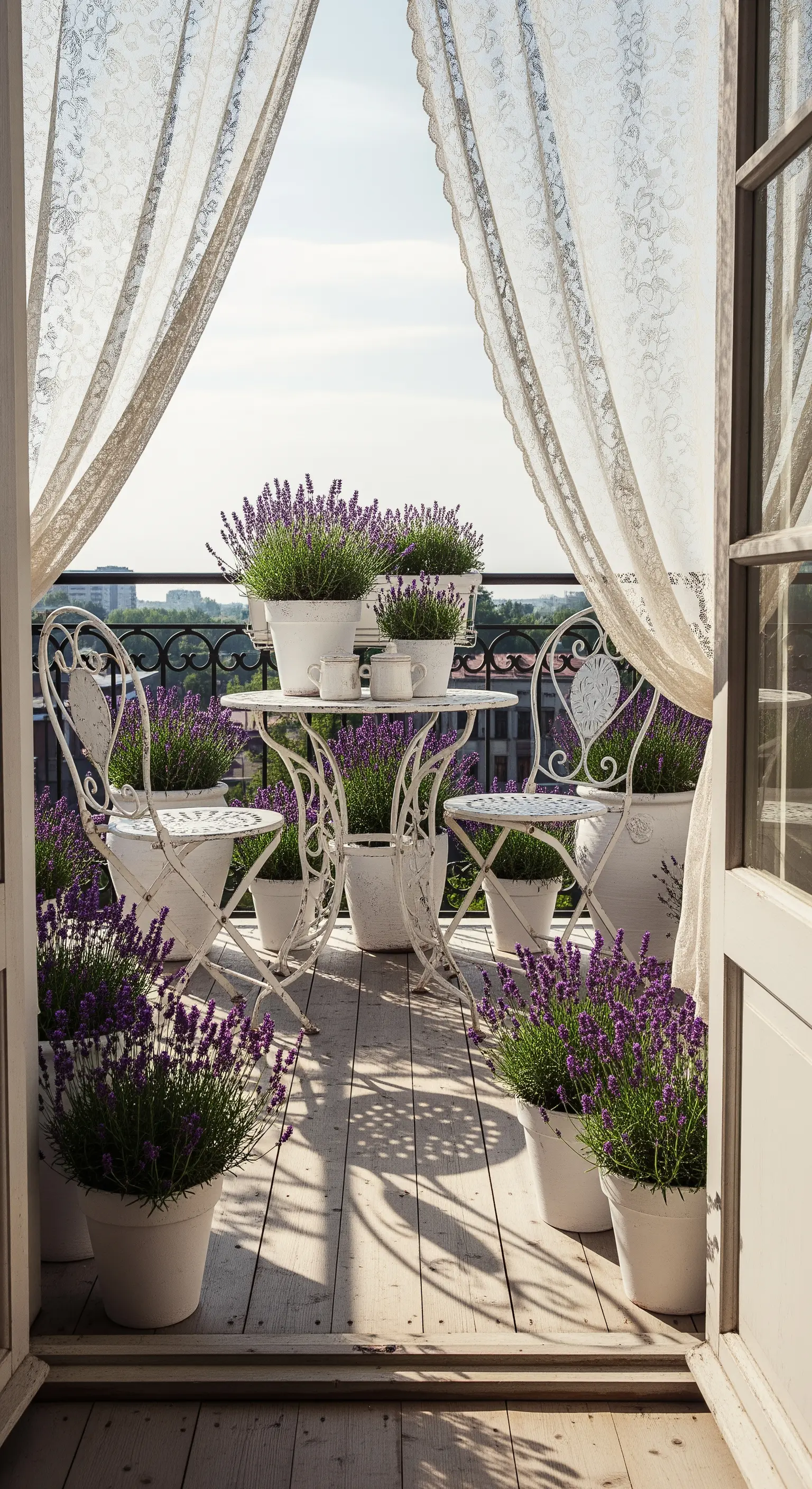 Balcone shabby chic con tavolino e sedie in ferro battuto bianco circondato da vasi di lavanda