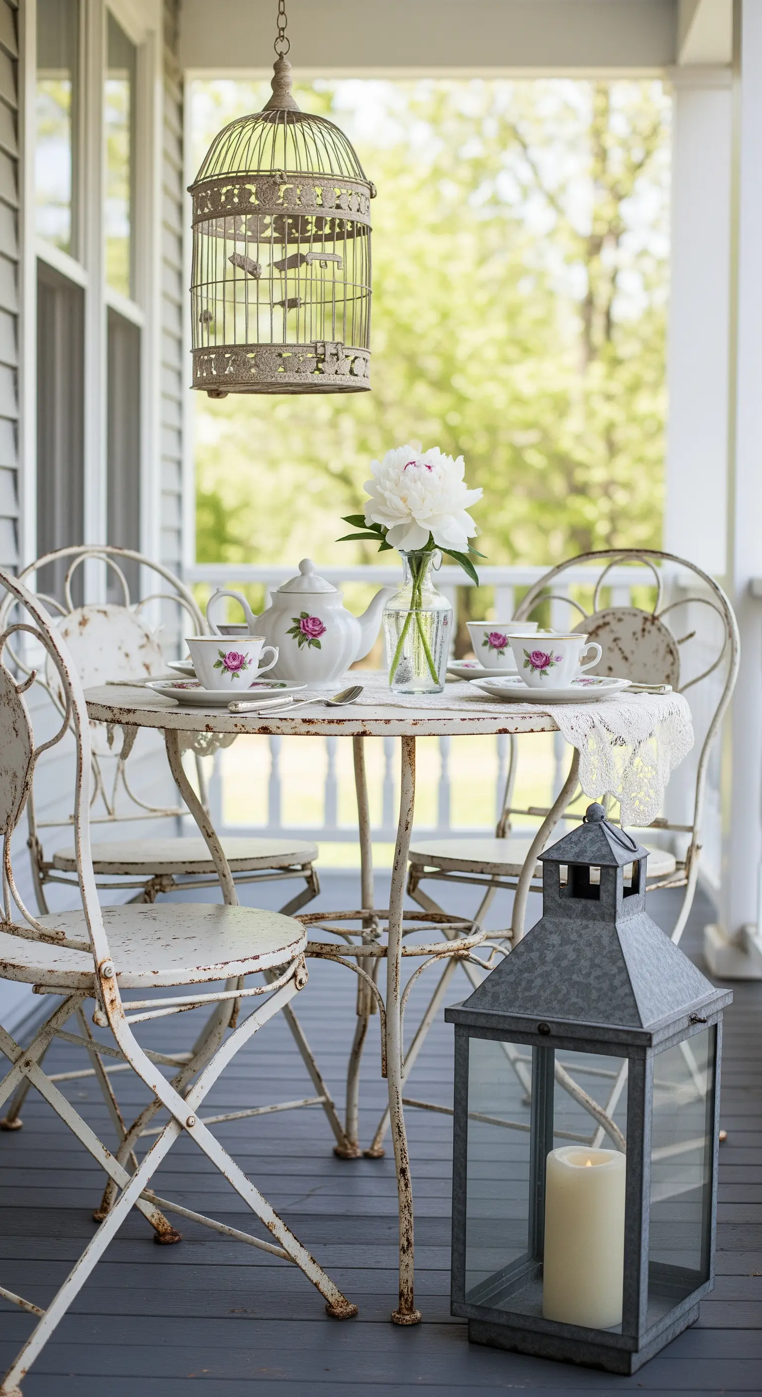 Set da bistrot in ferro battuto bianco, servizio da tè vintage e una gabbietta per uccelli decorativa.