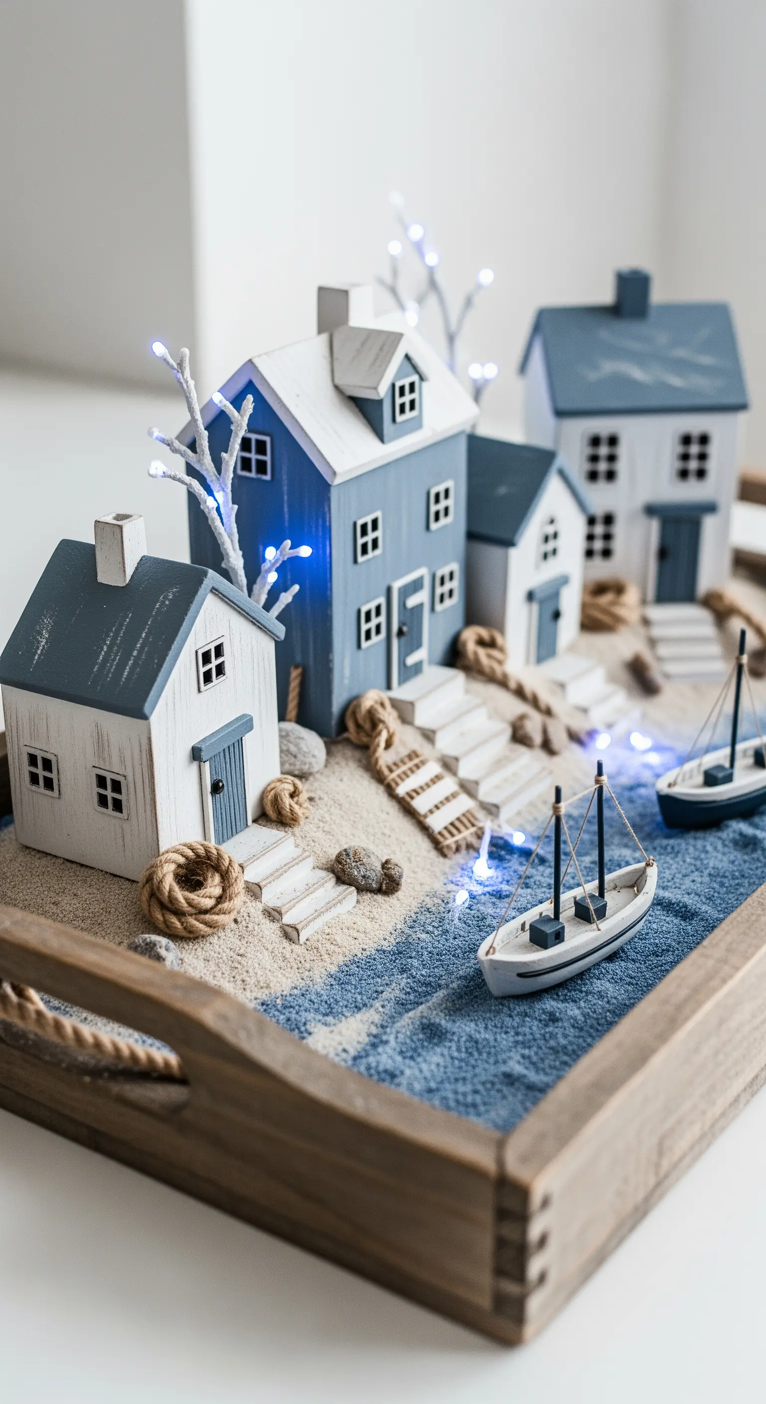 Villaggio costiero in miniatura con case bianche e blu, sabbia e barchette in un vassoio.