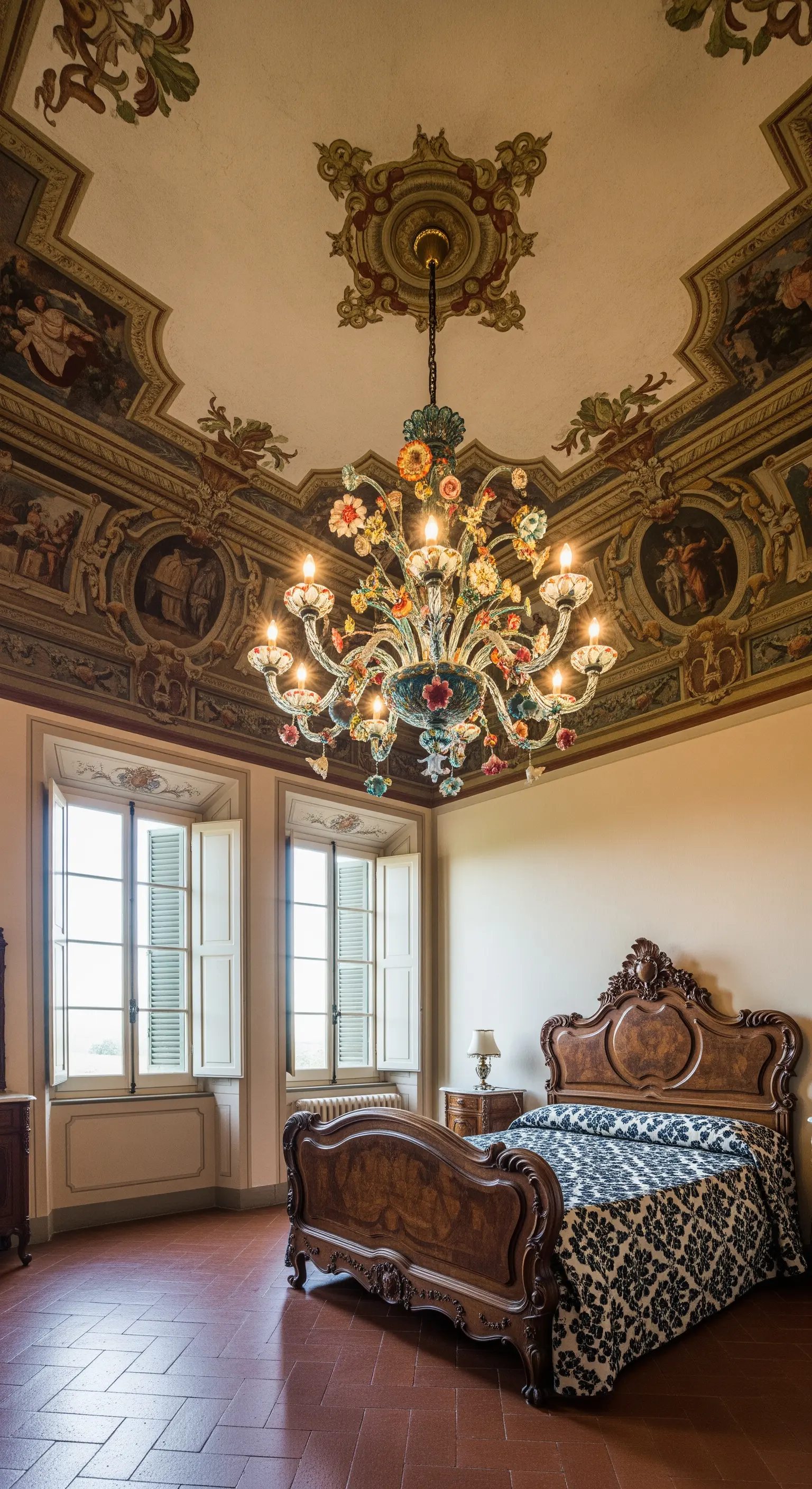 Lampadario floreale in vetro di Murano in una camera d'epoca con soffitto affrescato.