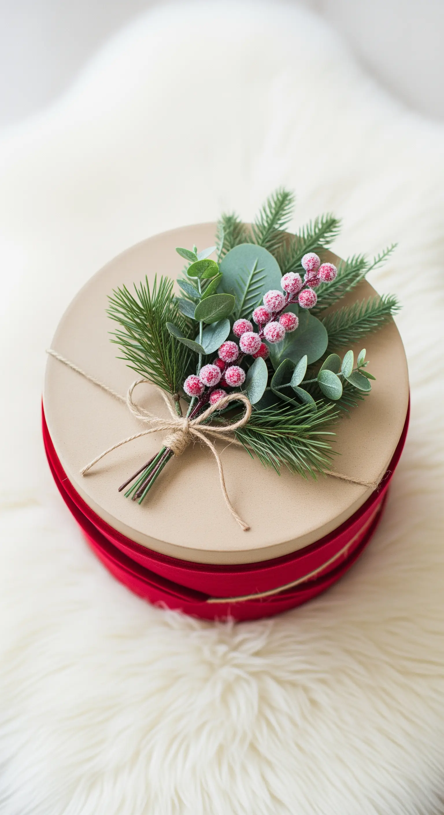 Scatola rotonda decorata con un bouquet di pino, eucalipto e bacche rosse.