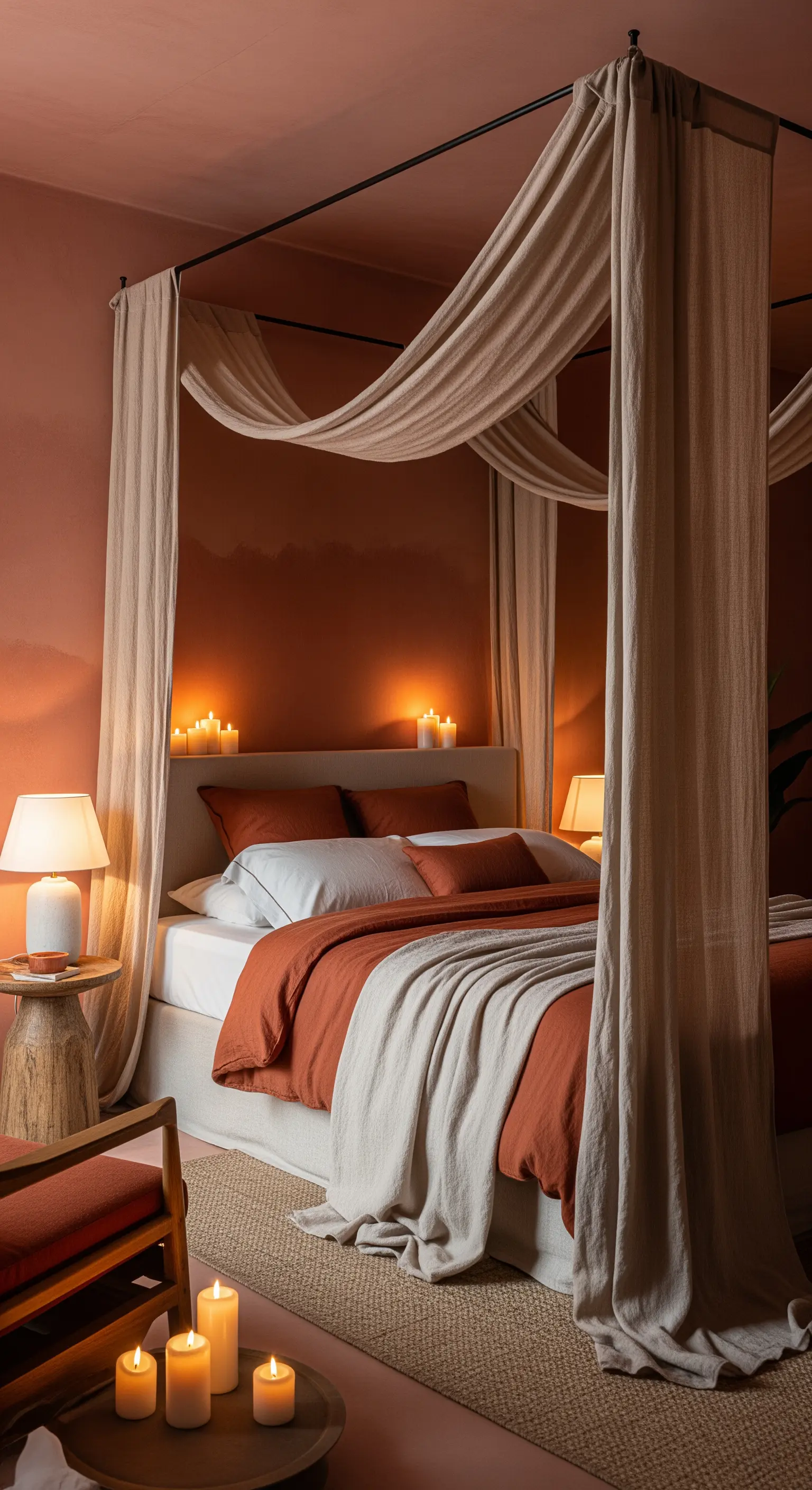 Camera da letto color terracotta con letto a baldacchino e tende drappeggiate, illuminata da candele.