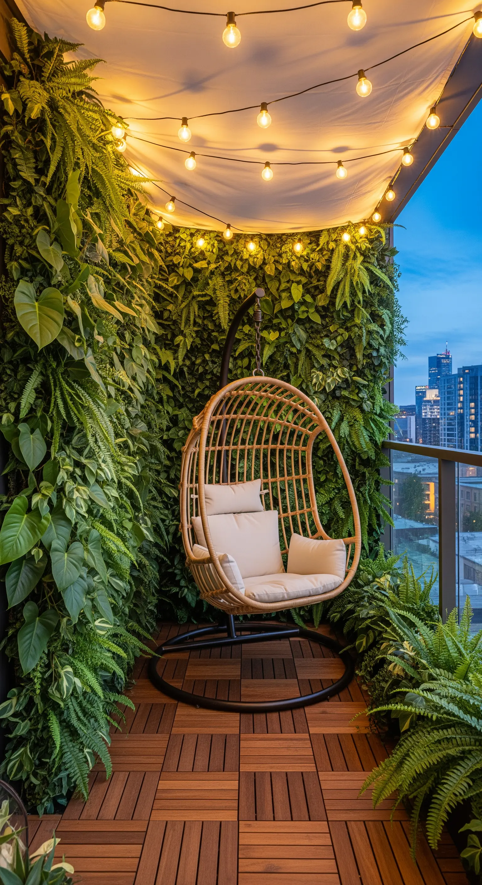 Poltrona sospesa in rattan su un balcone con pareti verdi e luci a stringa.