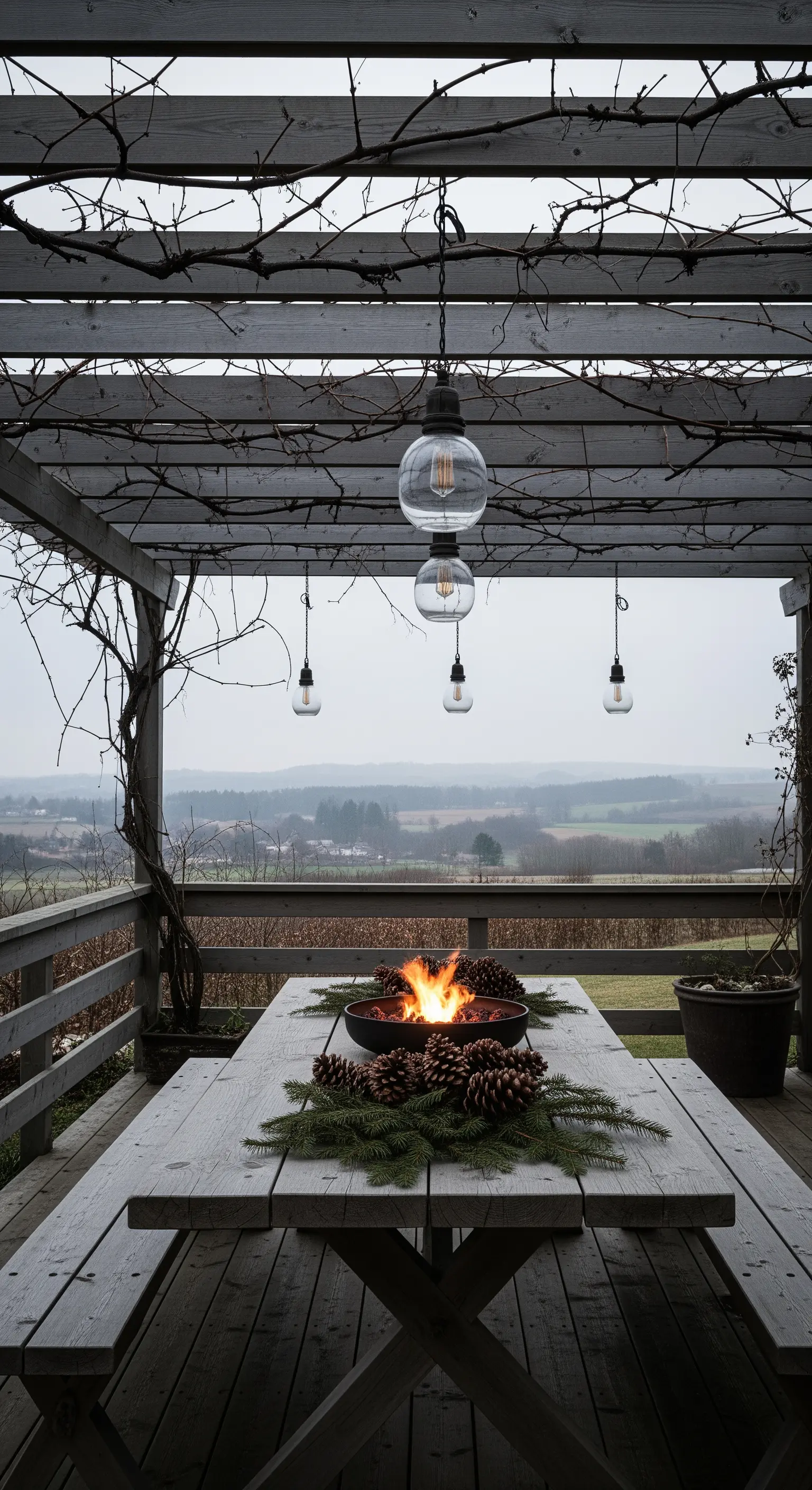 Tavolo da esterno con un braciere acceso al centro e vista su un paesaggio invernale