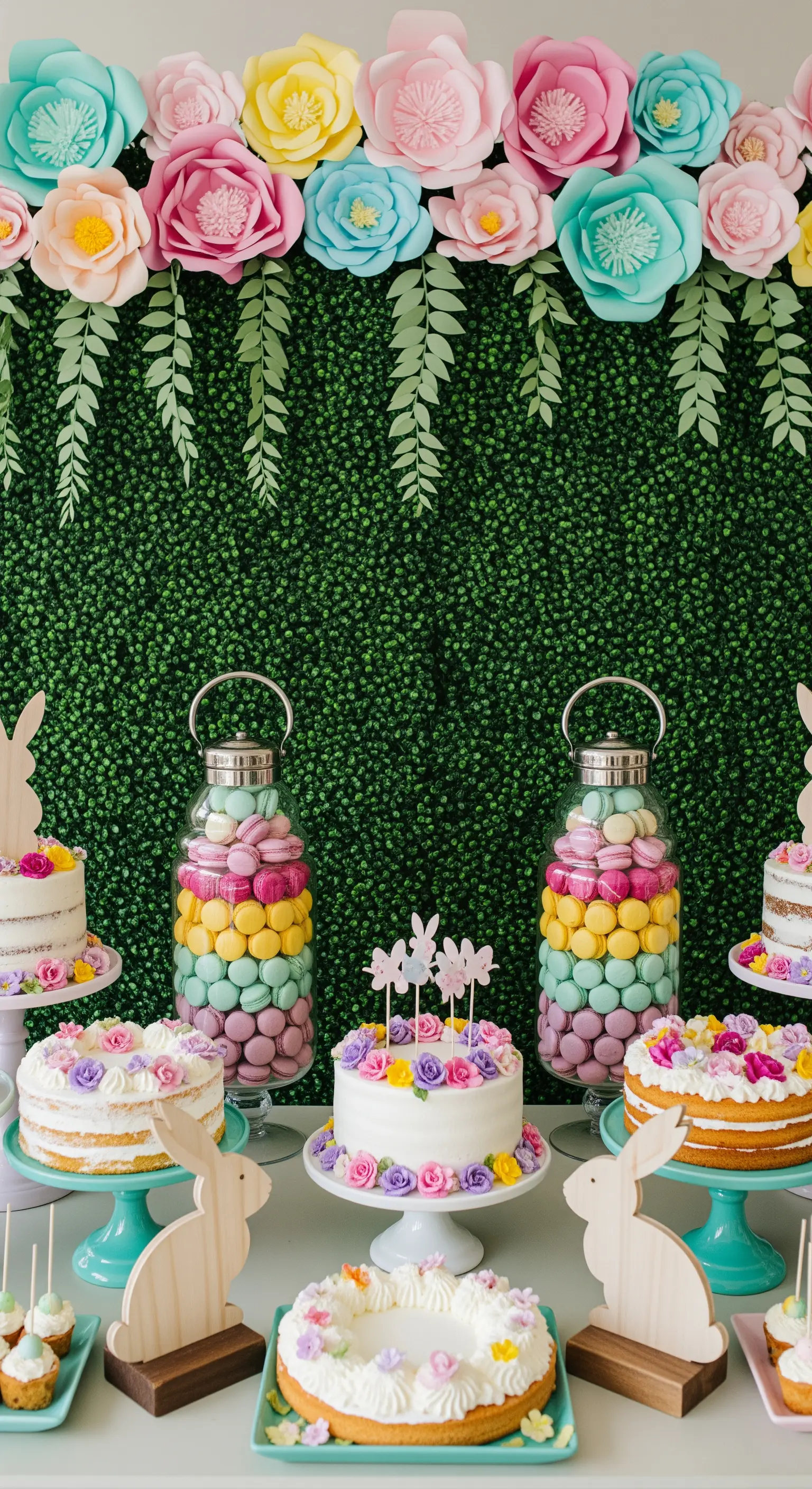 Tavolo dei dolci pasquale con sfondo verde, fiori di carta colorati e torte decorate.