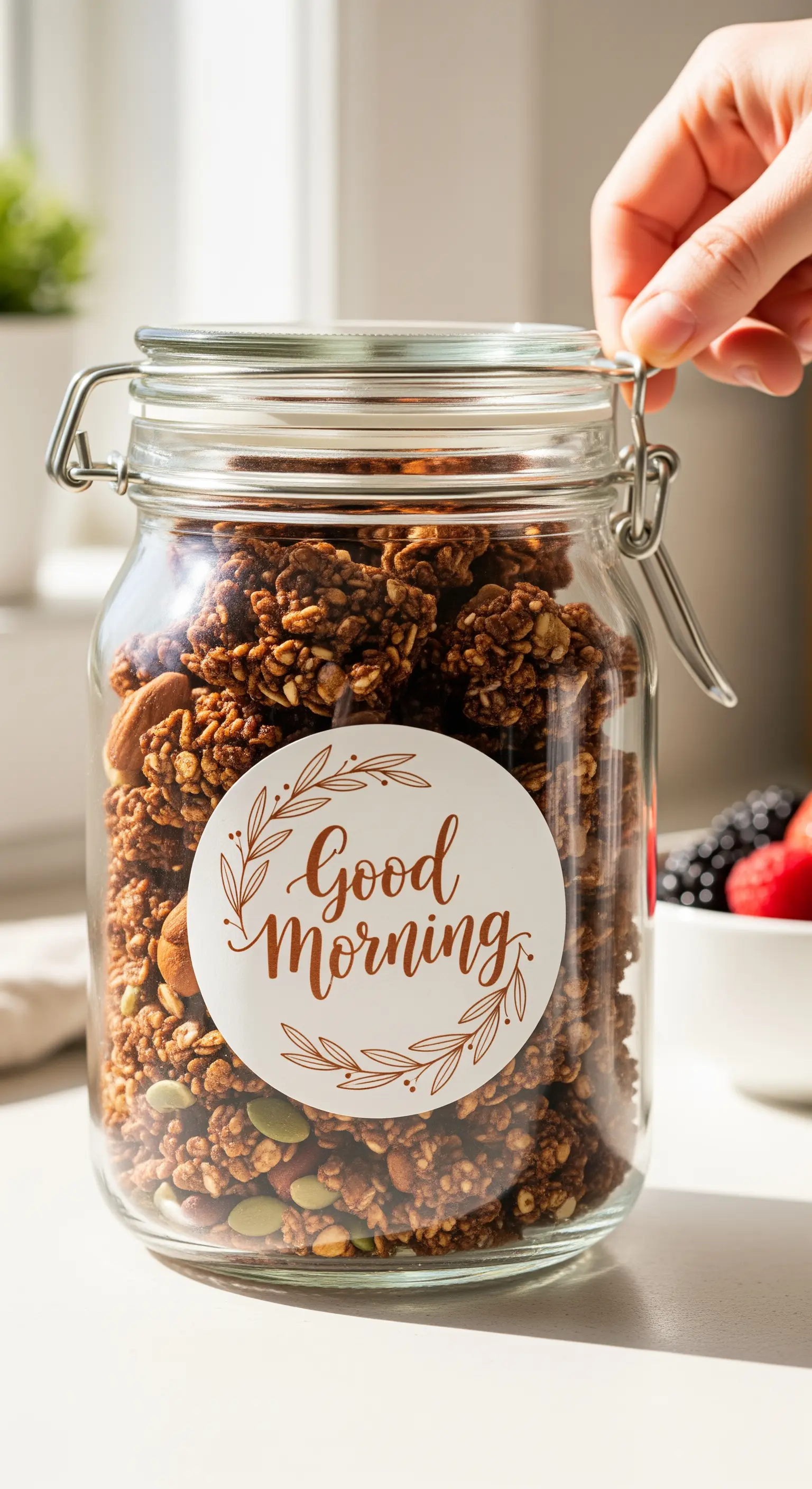 Barattolo di vetro con granola fatta in casa e un'etichetta rotonda 