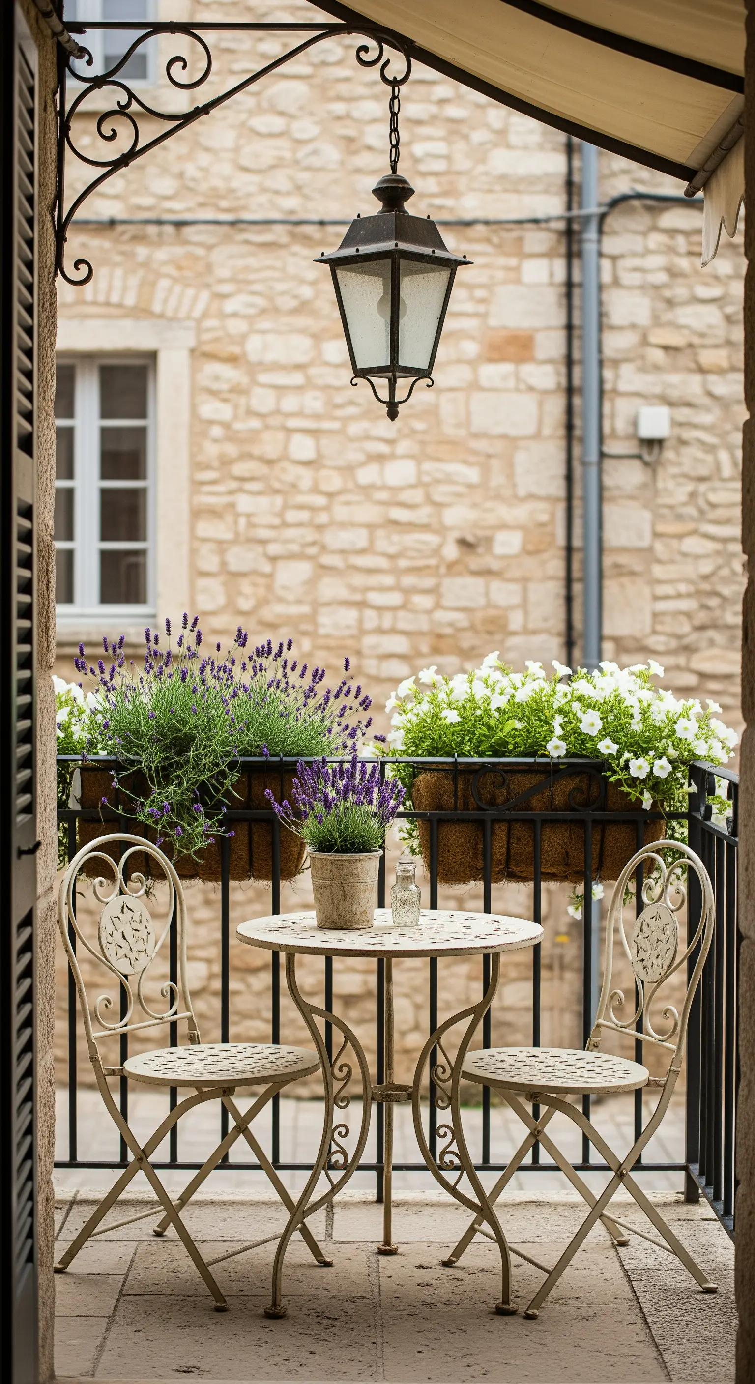 Balcone con set da bistrò in ferro battuto, fioriere di lavanda e lanterna sospesa.