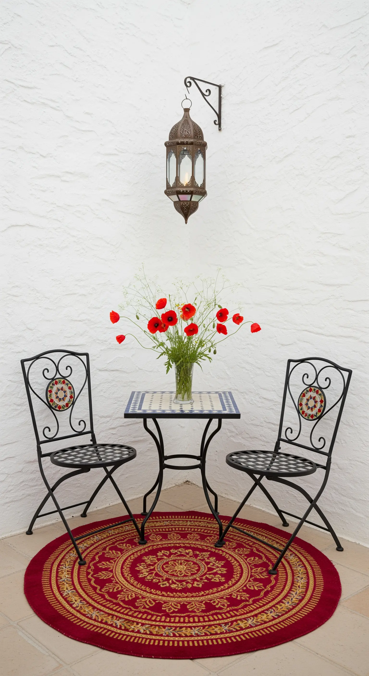 Angolo bistrot con tavolino a mosaico, tappeto kilim rotondo e lanterna a parete.