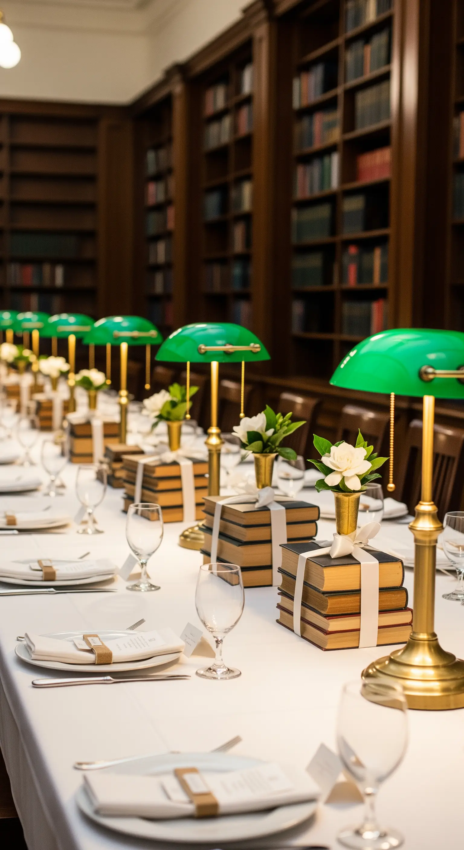 Centrotavola a tema accademico con pile di libri, fiori e lampade da banchiere verdi.