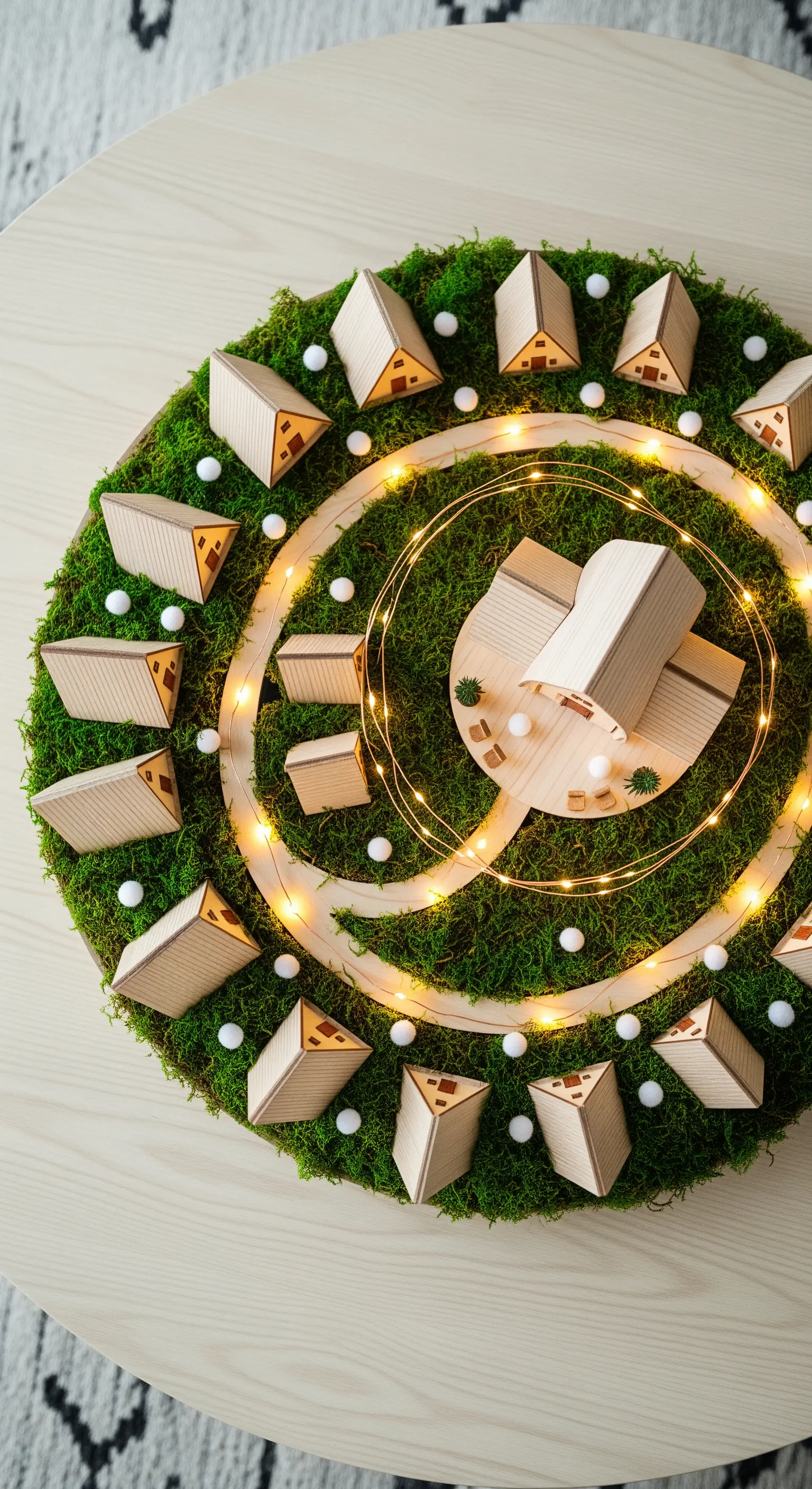 Centrotavola circolare con muschio, casette in miniatura e un sentiero di luci a spirale.