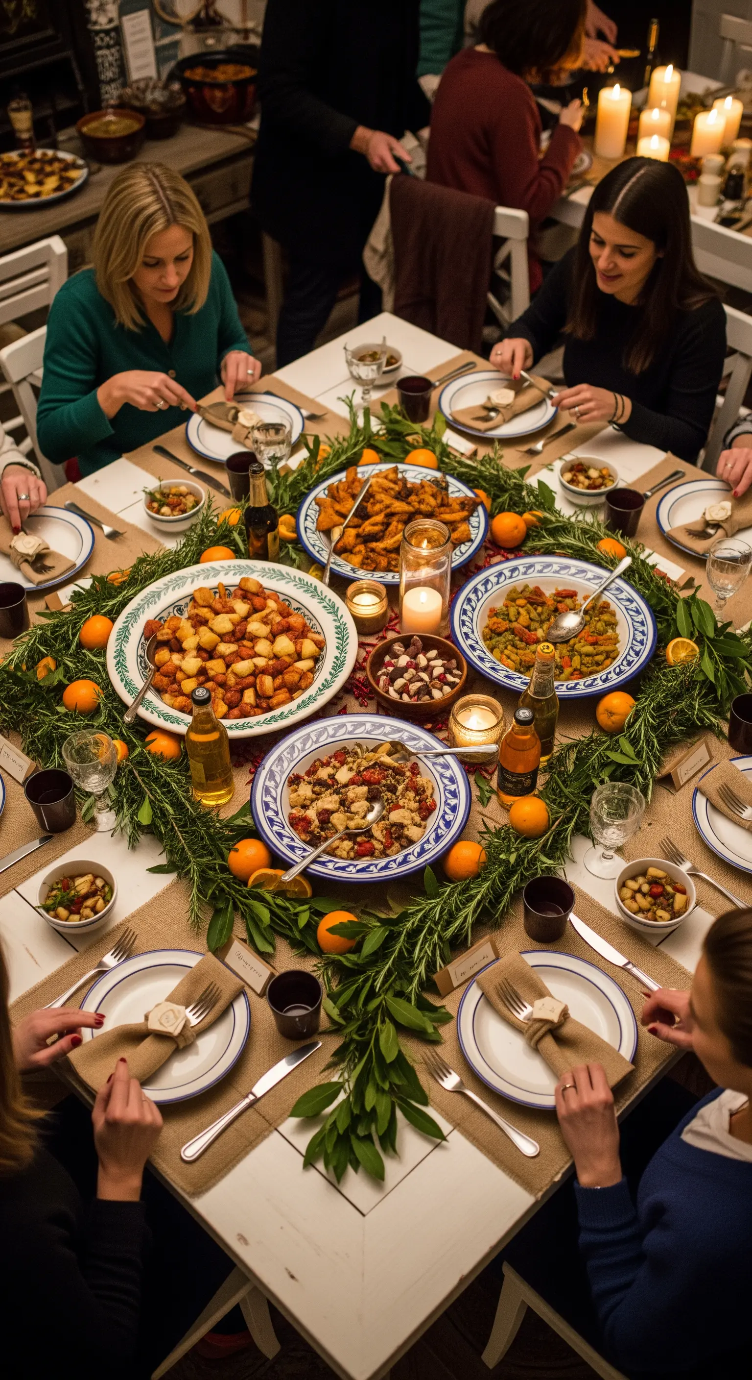 Tavola quadrata con una grande ghirlanda di rosmarino che incornicia i piatti da portata