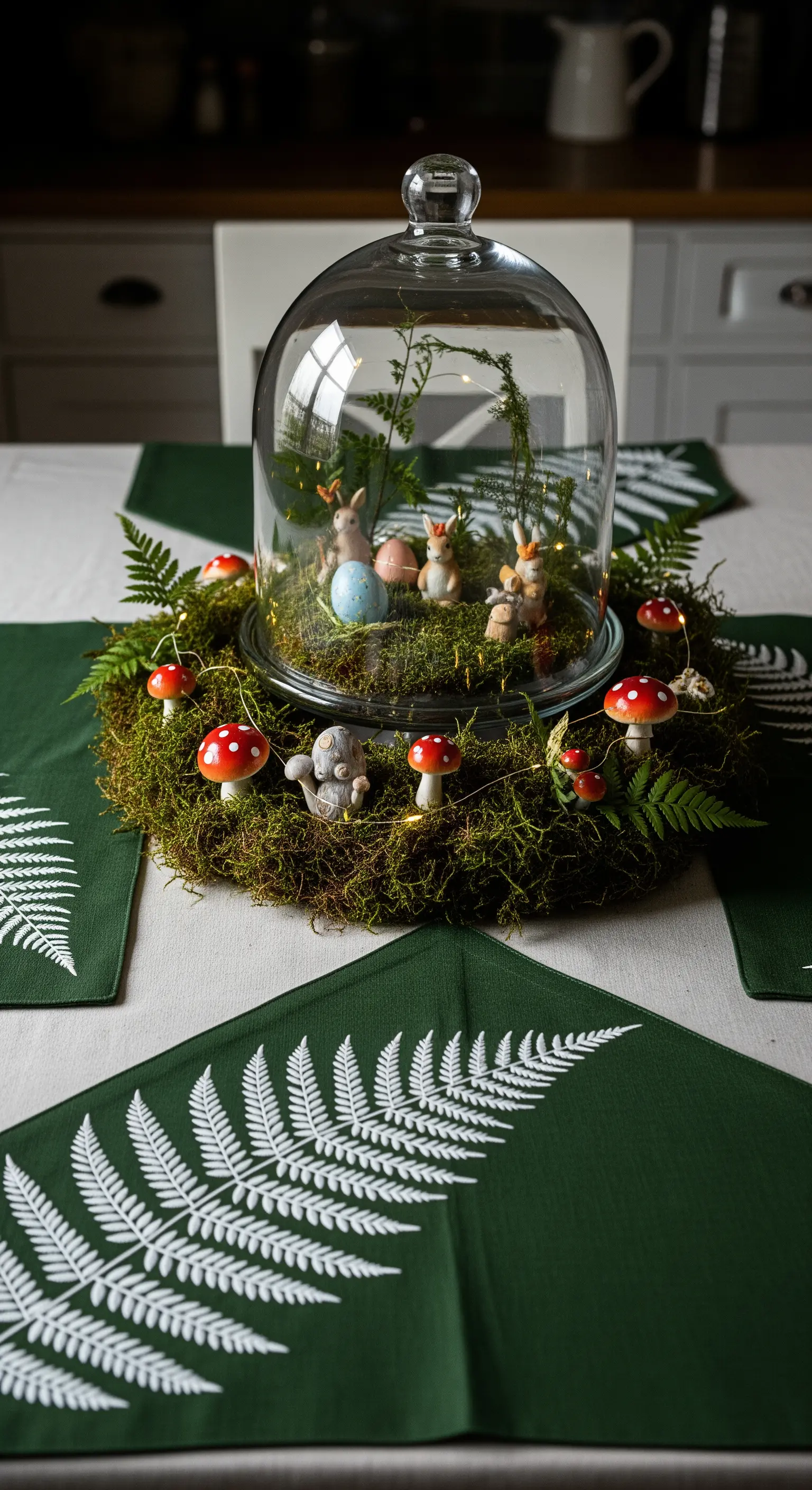 Centrotavola con coniglietti e uova sotto una campana di vetro, circondato da una ghirlanda di muschio.