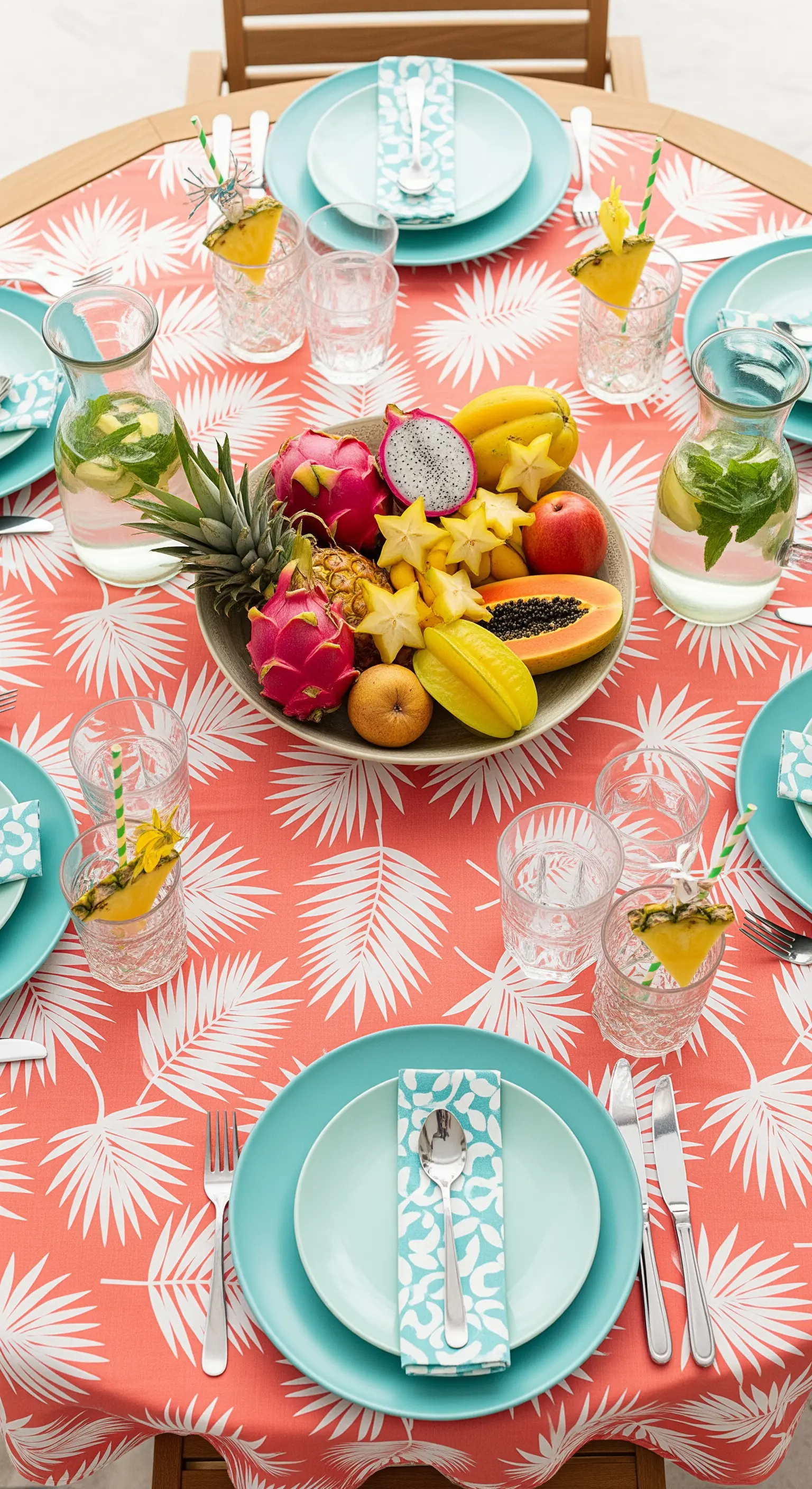 Centrotavola di frutta esotica su una tovaglia corallo con motivi di foglie di palma.