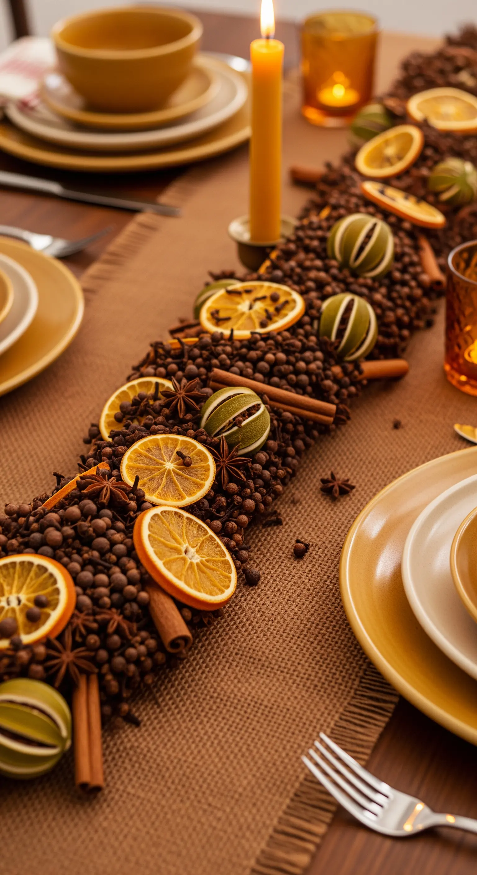 Runner da tavola realizzato con una base di spezie scure, agrumi essiccati e cannella