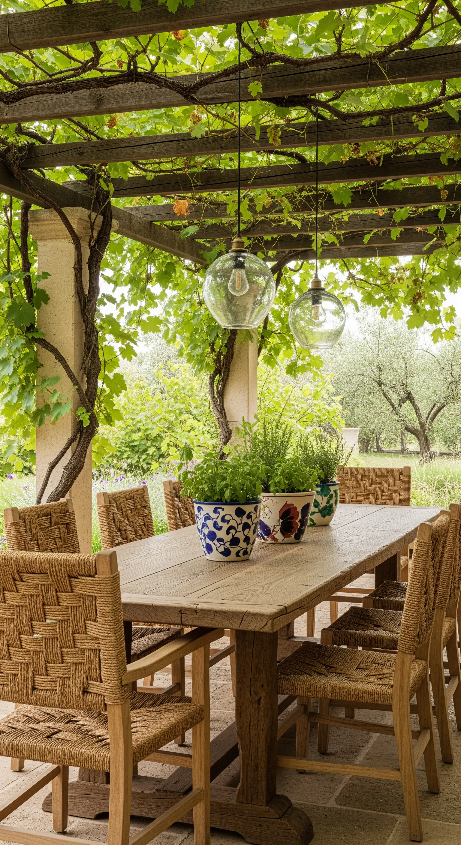 Tavolo da pranzo in legno con vasi di erbe aromatiche come centrotavola