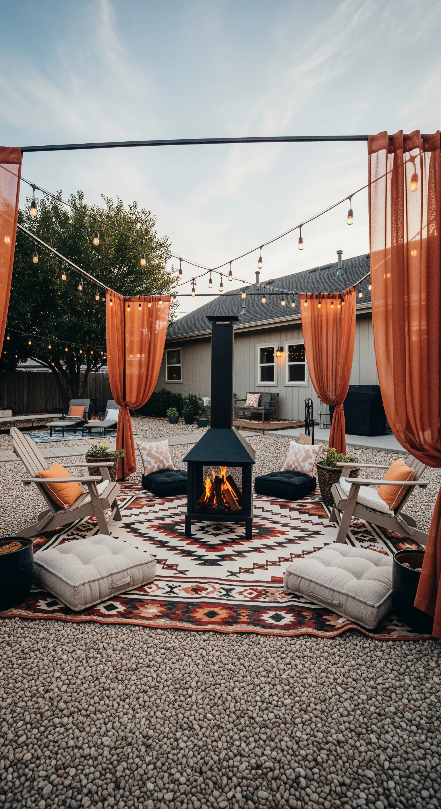 Area con braciere su ghiaia, definita da un tappeto etnico e tende color ruggine.