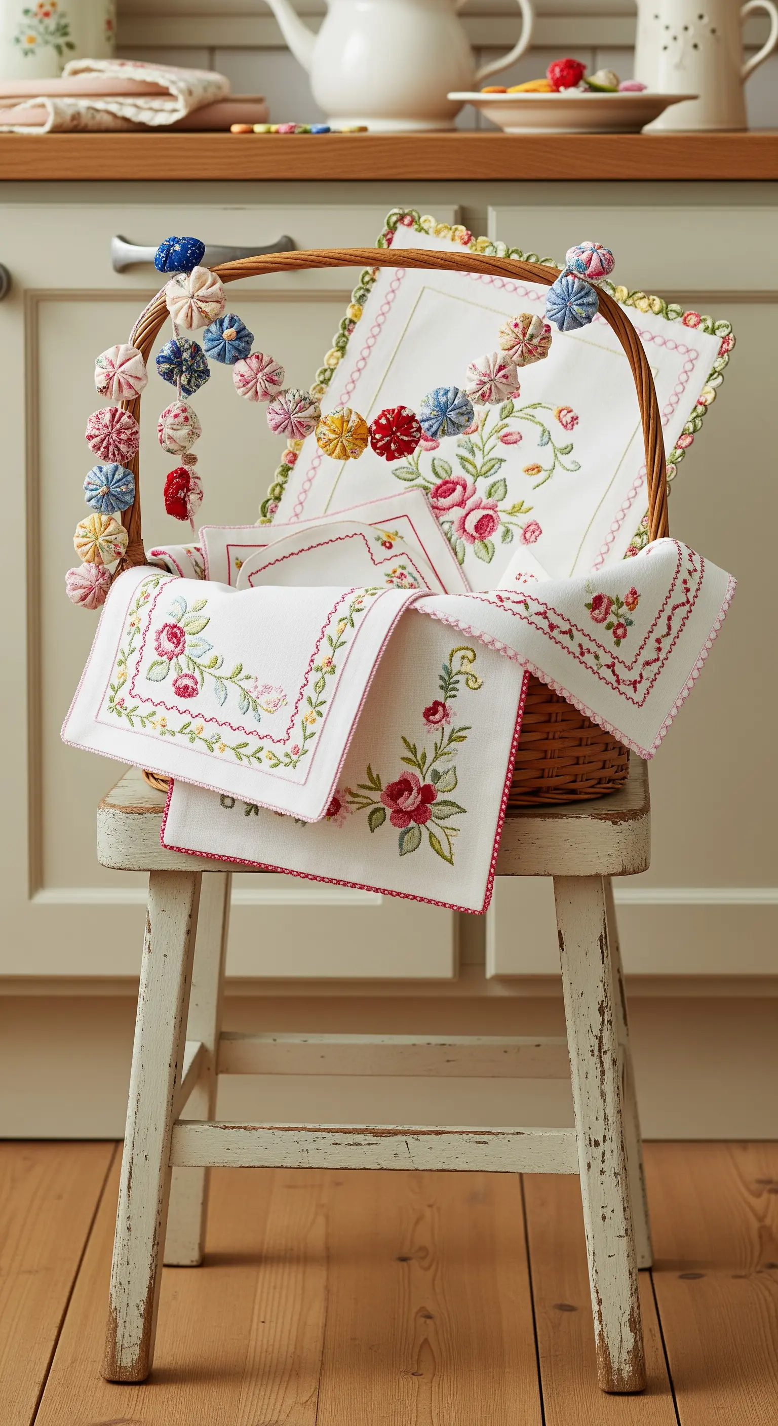 Cesto di vimini su uno sgabello bianco, colmo di tovagliette e runner con ricami floreali.