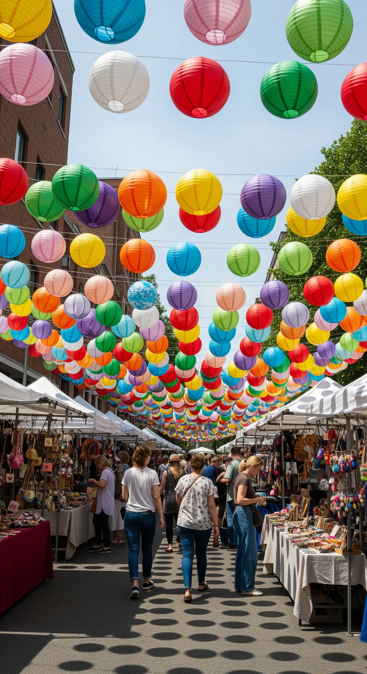 Una strada di un mercato affollato coperta da un tetto di centinaia di lanterne di carta colorate.