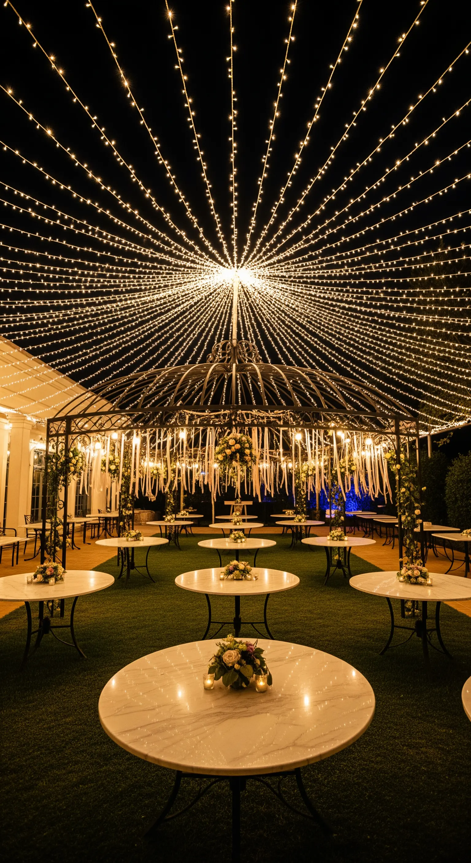 Gazebo da cui partono decine di catene di luci, creando un soffitto luminoso sopra un prato.