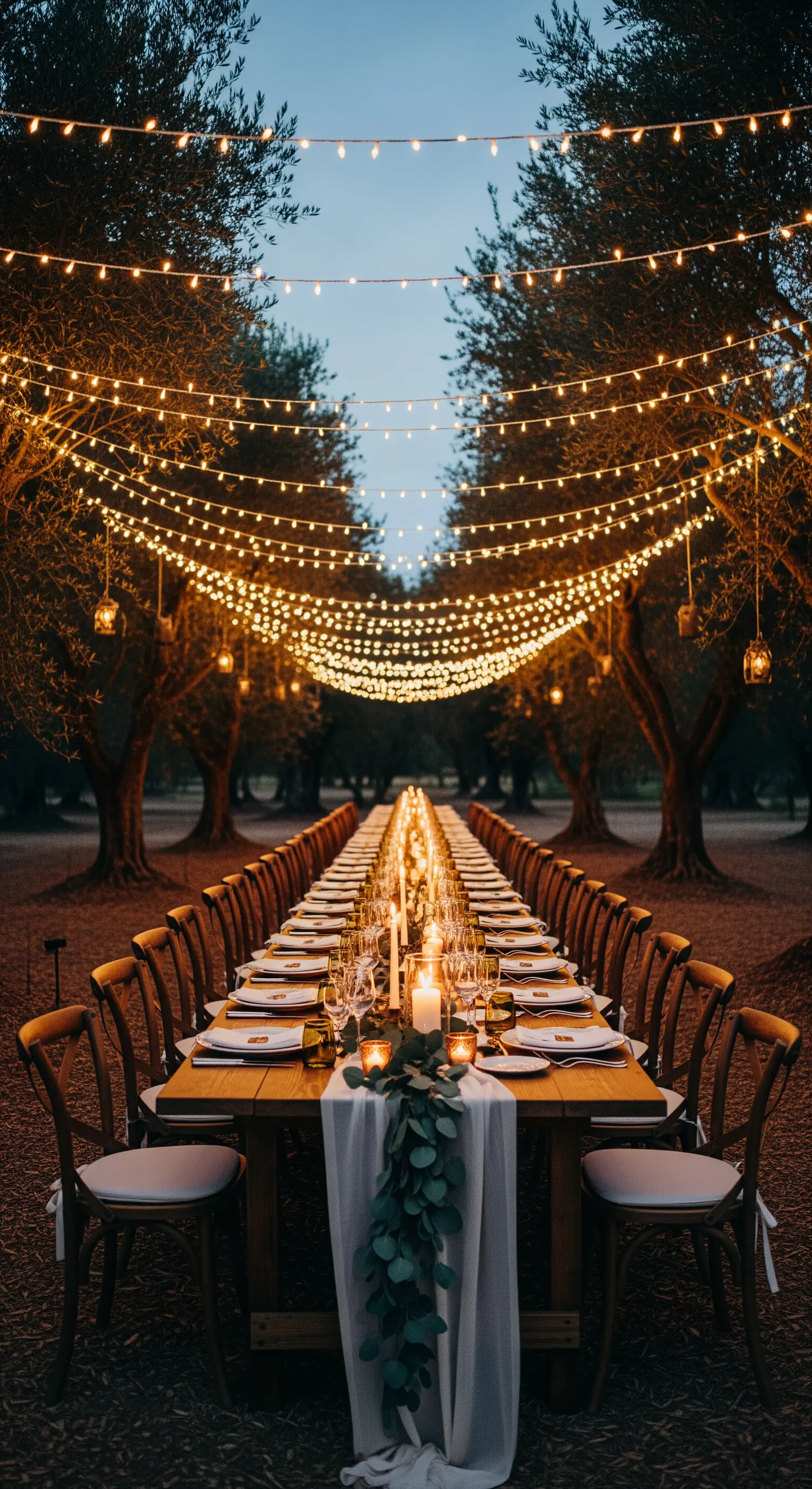Lunga tavolata imperiale all'aperto illuminata da file di lucine sospese tra gli alberi.
