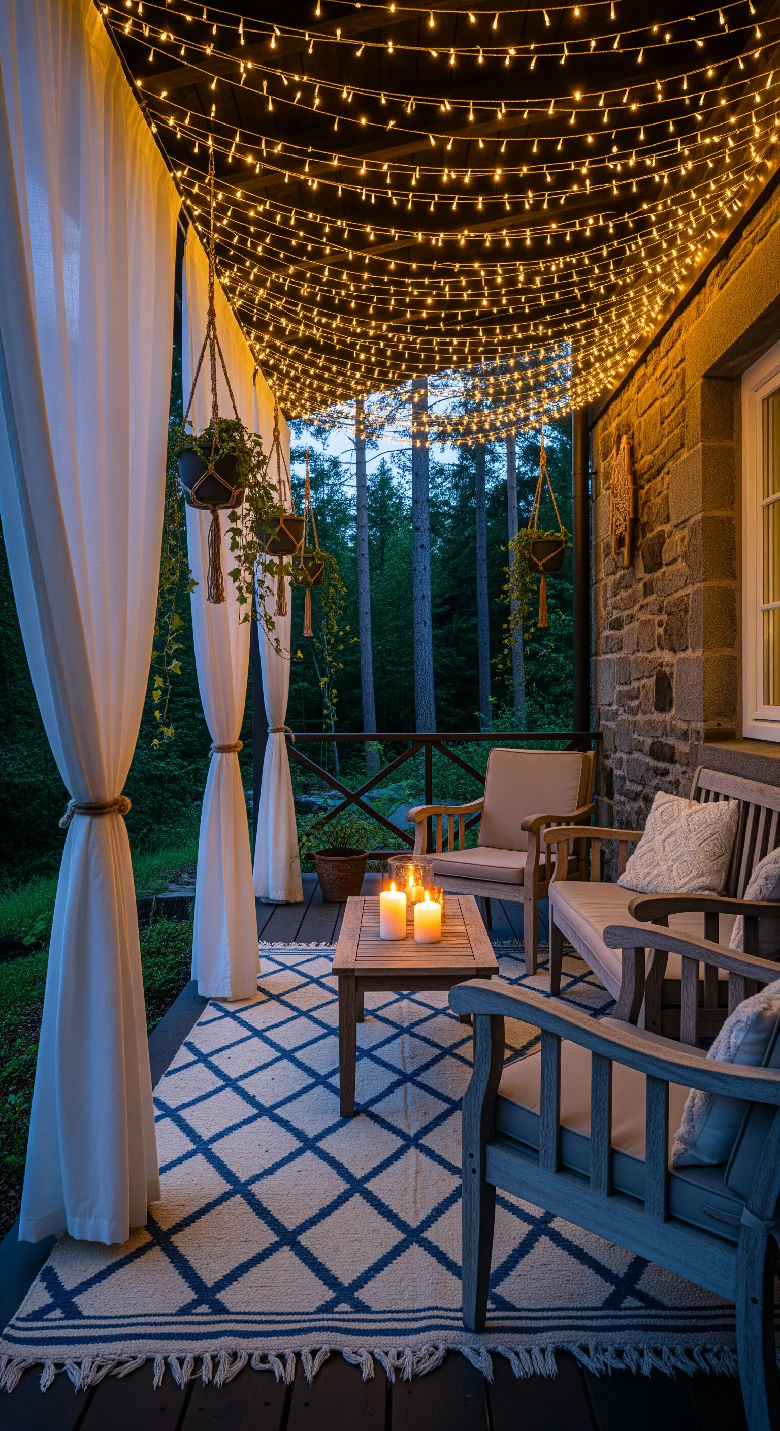 Veranda rustica con soffitto coperto di lucine, tende bianche e arredi in legno.