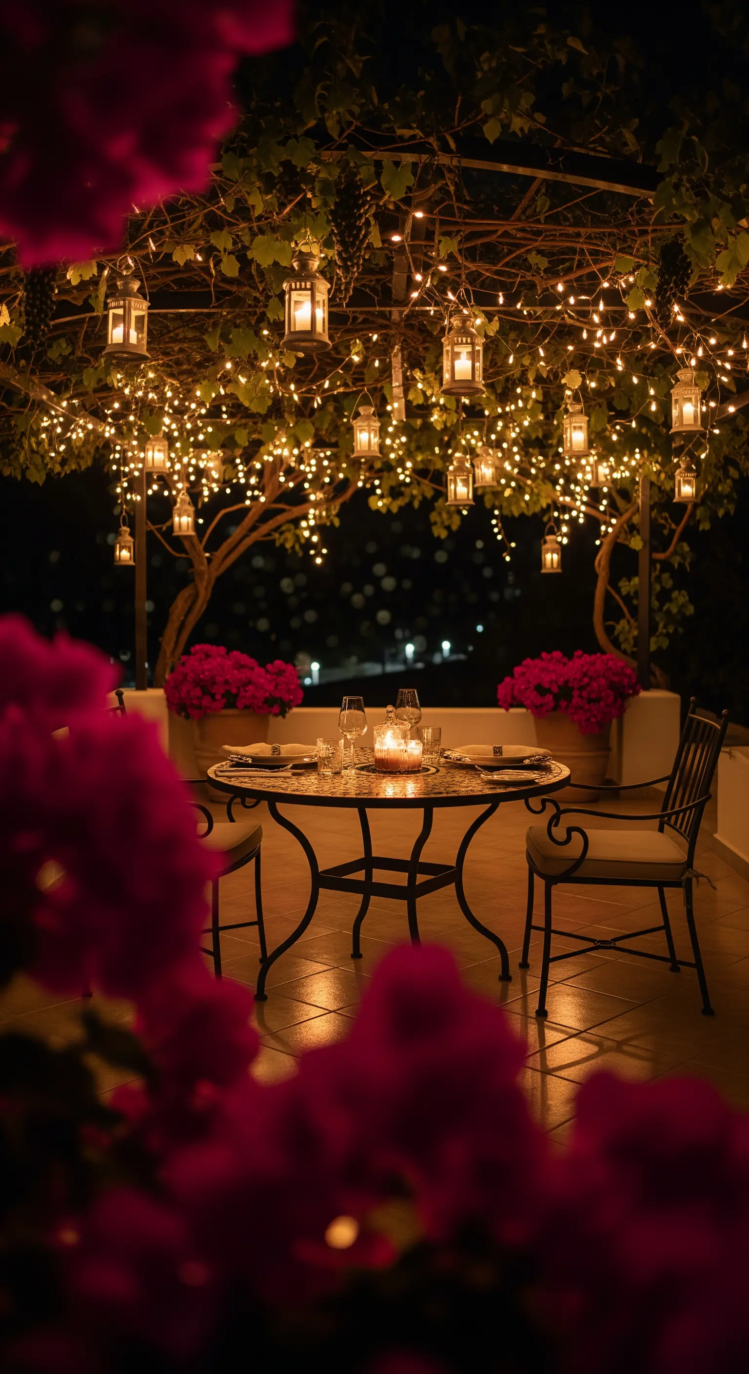 Terrazza di notte con tavolo per due, illuminata da lanterne e lucine appese a una pergola.