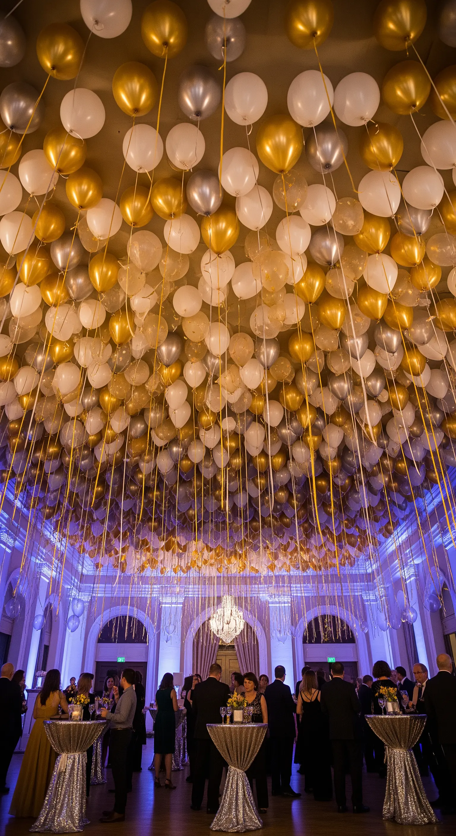 Soffitto di una grande sala interamente coperto da palloncini bianchi, oro e argento.