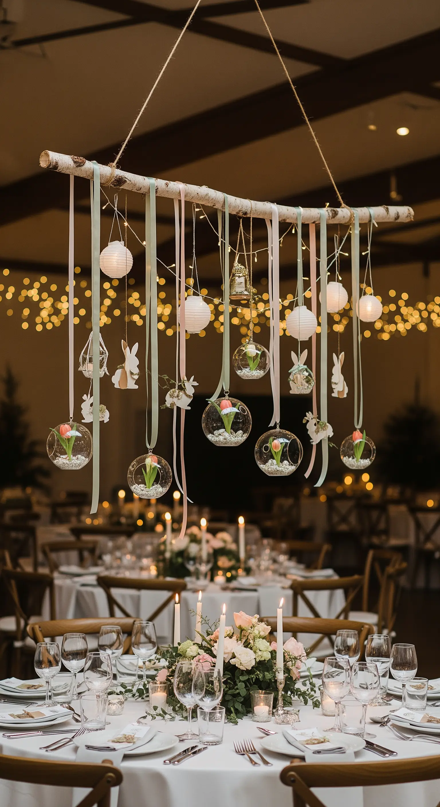 Decorazione pasquale sospesa sopra un tavolo, con fiori in sfere di vetro e nastri.