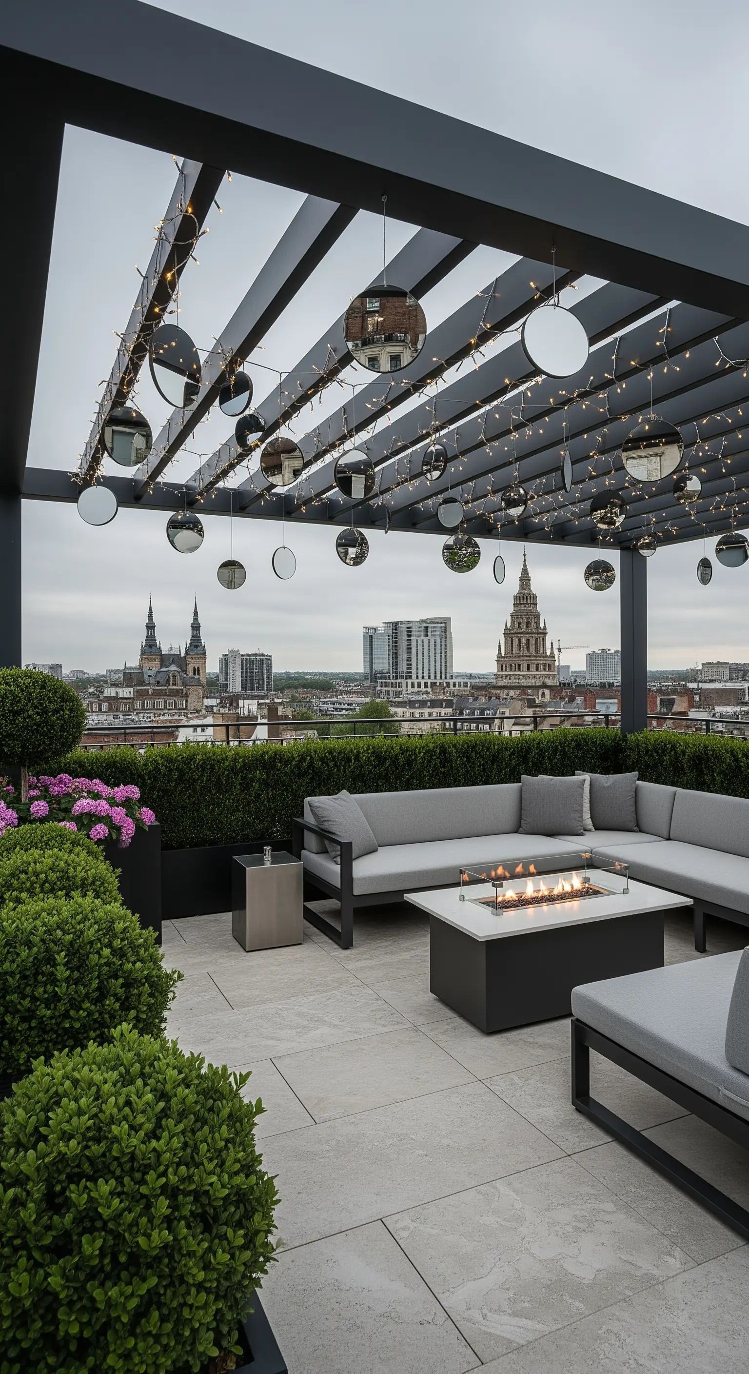 Pergola con specchi rotondi e fili di luci sospesi sopra un'area salotto con braciere.